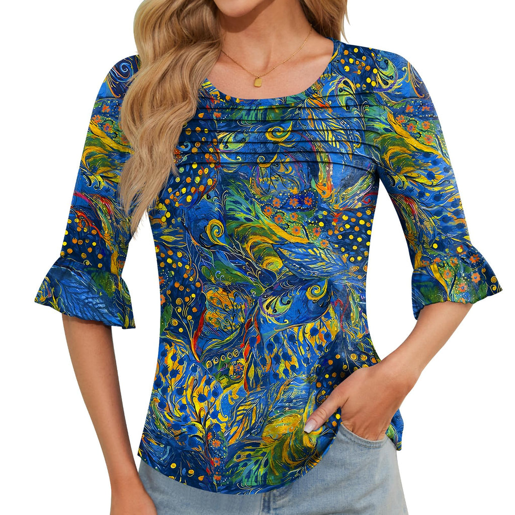 Blingfit Womens Tops 3/4 Length Sleeve Dressy Casual Shirts Bell Sleeve Front Pleated Fasion Trendy Summer Blouses 2026