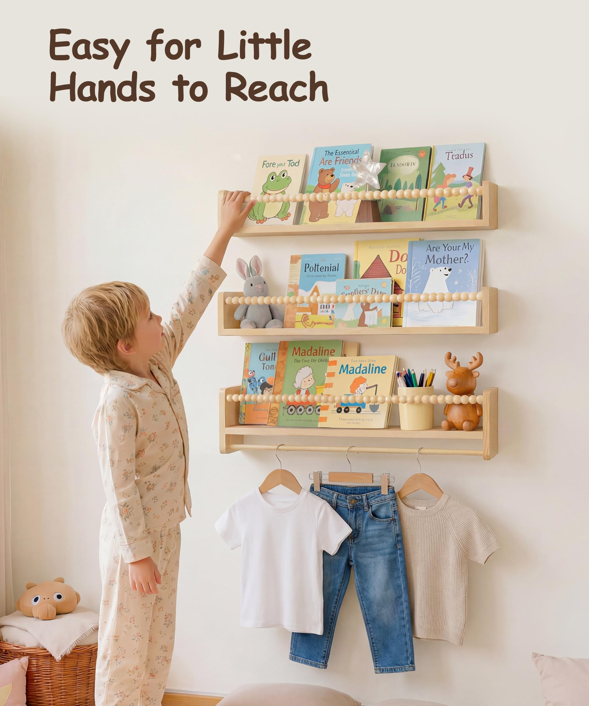 Nursery Book Shelves for Wall Set of 3, Natural Wood Bookshelves Wall Decor, Small Floating Shelf Organizer for Kids Room, Bedroom, Kitchen Spice Rack