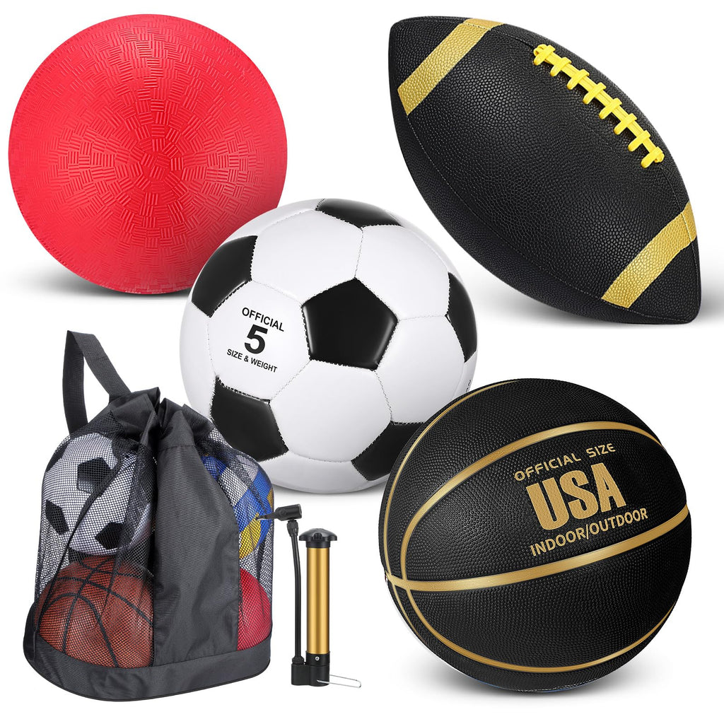 Lenwen 4 Pcs Sports Balls Set for Teen Adult, Include Official Size Basketball Soccer Football Playground Ball Pump Equipment Bag Ball Gifts Back to School