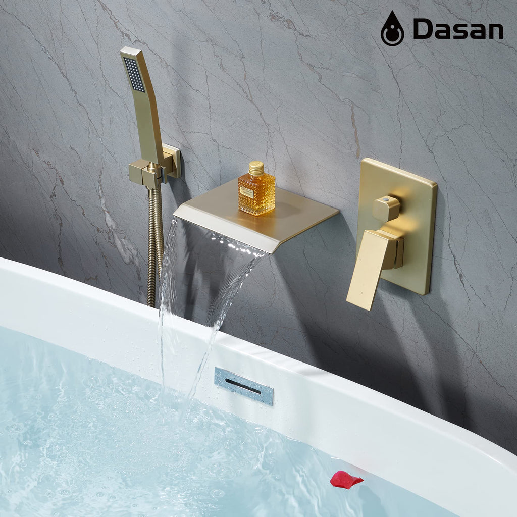 Upgraded Wall Mount Tub Filler Faucet with Handheld Shower, DASAN Modern Wall Mounted Bathtub Faucet Brushed Gold High Flow Waterfall Tub Faucet with Rough in Valve, SA-TF04WH-BG