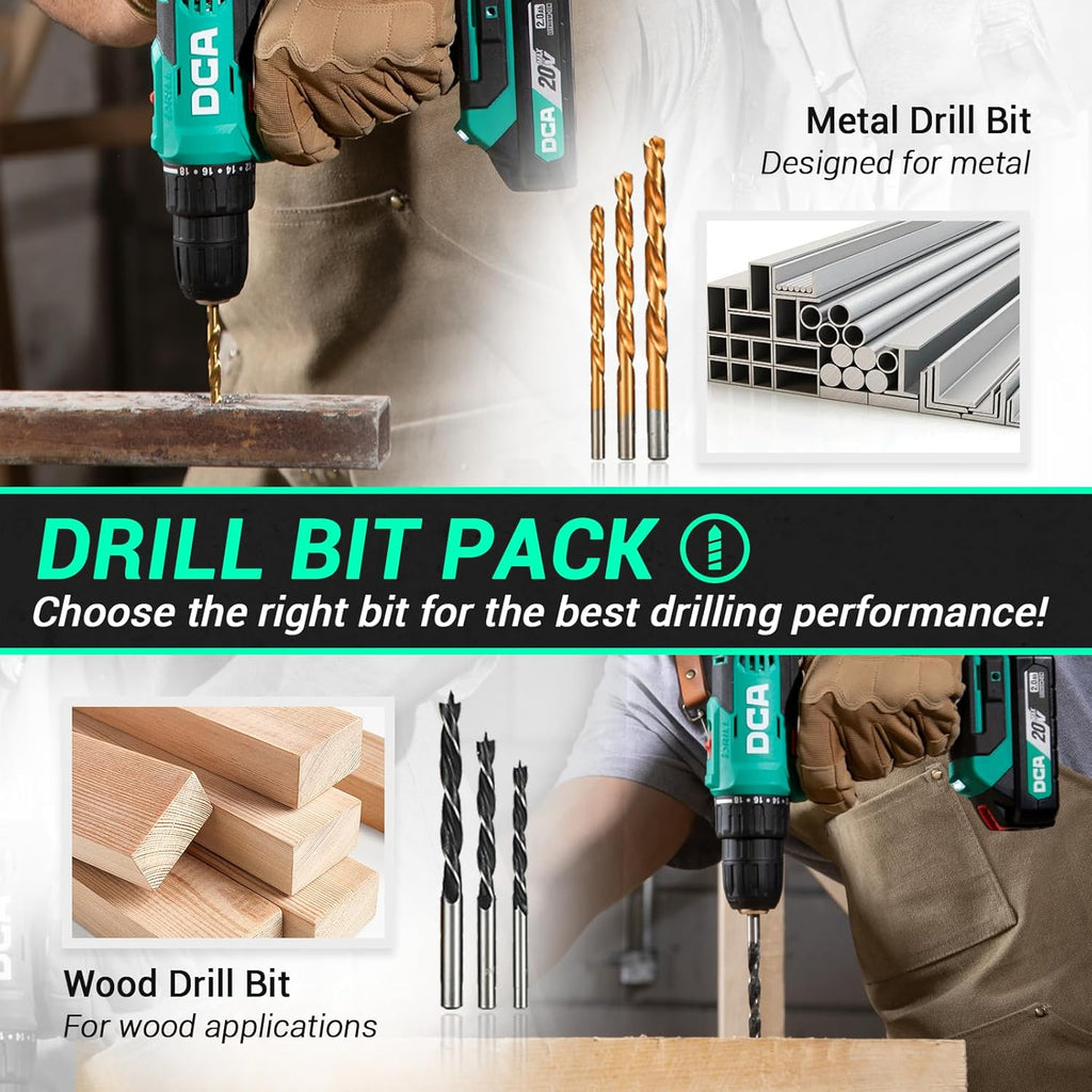 DCA Cordless Drill Set, 354 in-lbs Torque, 3/8" Keyless Chuck, Electric Power Drill with 2.0Ah Battery and Charger,18+1 Position,25-Piece 20V Drill Driver Kit, ADJZ2035