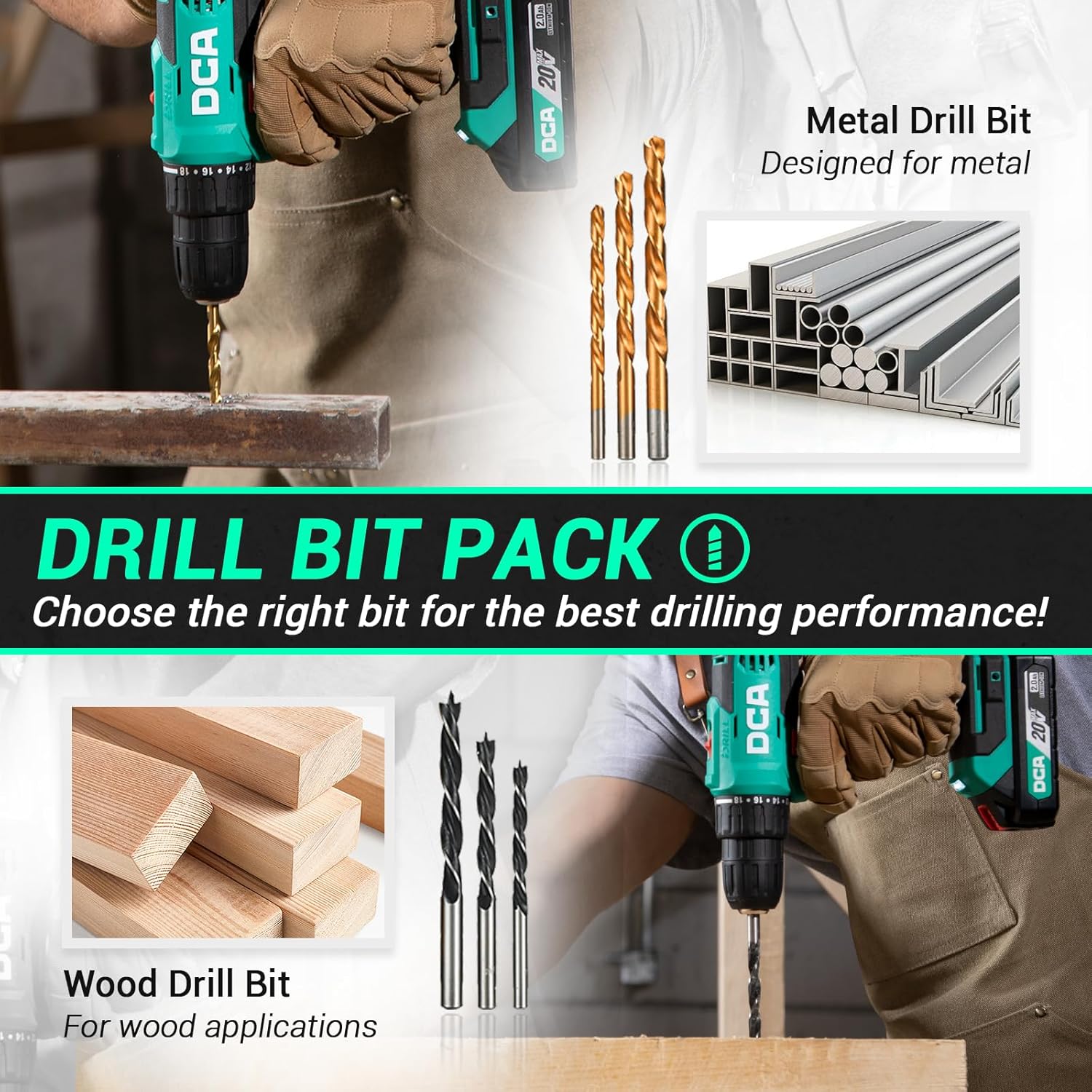 DCA Cordless Drill Set, 354 in-lbs Torque, 3/8" Keyless Chuck, Electric Power Drill with 2.0Ah Battery and Charger,18+1 Position,25-Piece 20V Drill Driver Kit, ADJZ2035