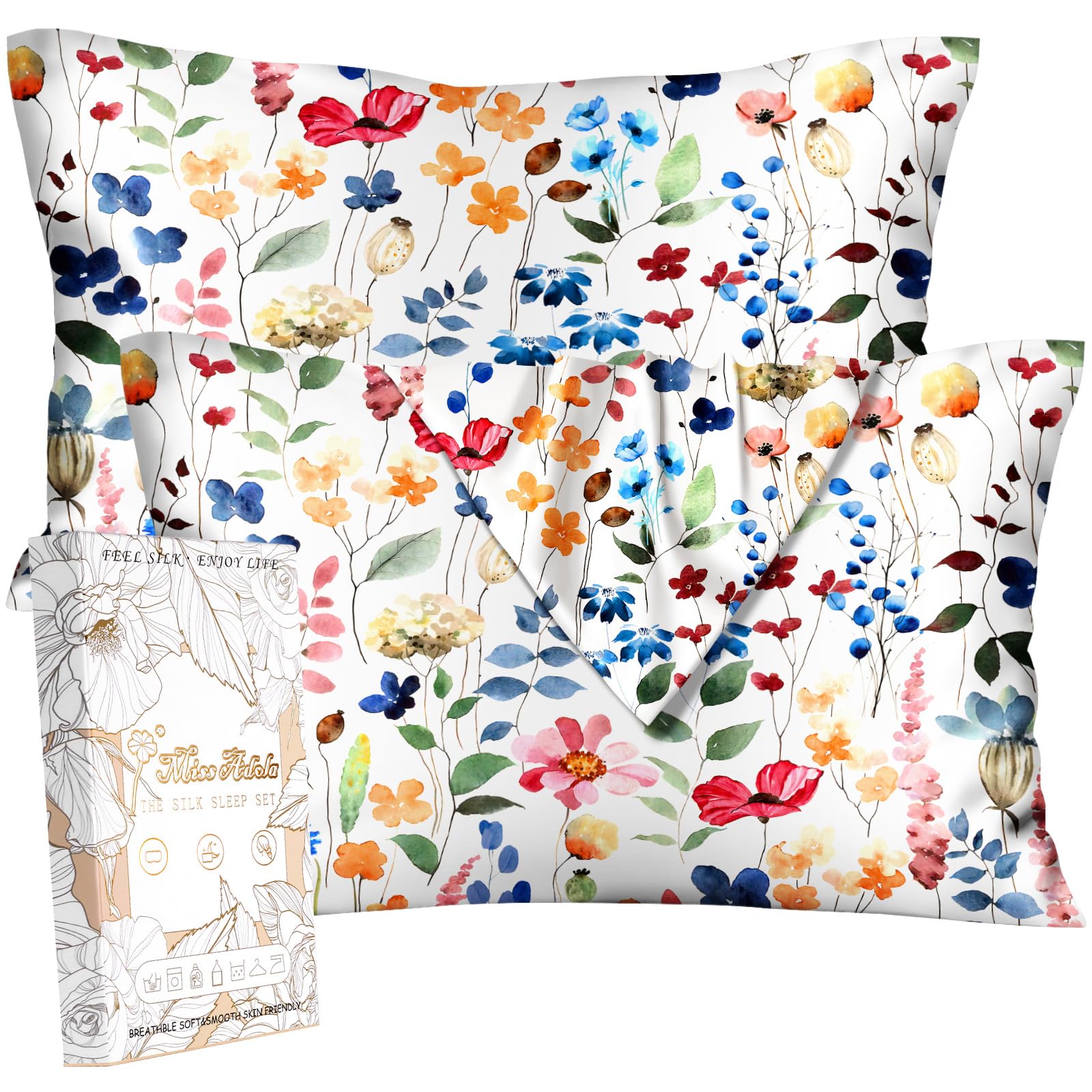 Miss Adola 2 Pack Mulberry Silk Pillowcase for Hair and Skin - Standard Size 20 x 26 Inches with Hidden Zipper Beige Flower 19 Momme Soft Sleeping Silk Pillow Case for Women, Moms