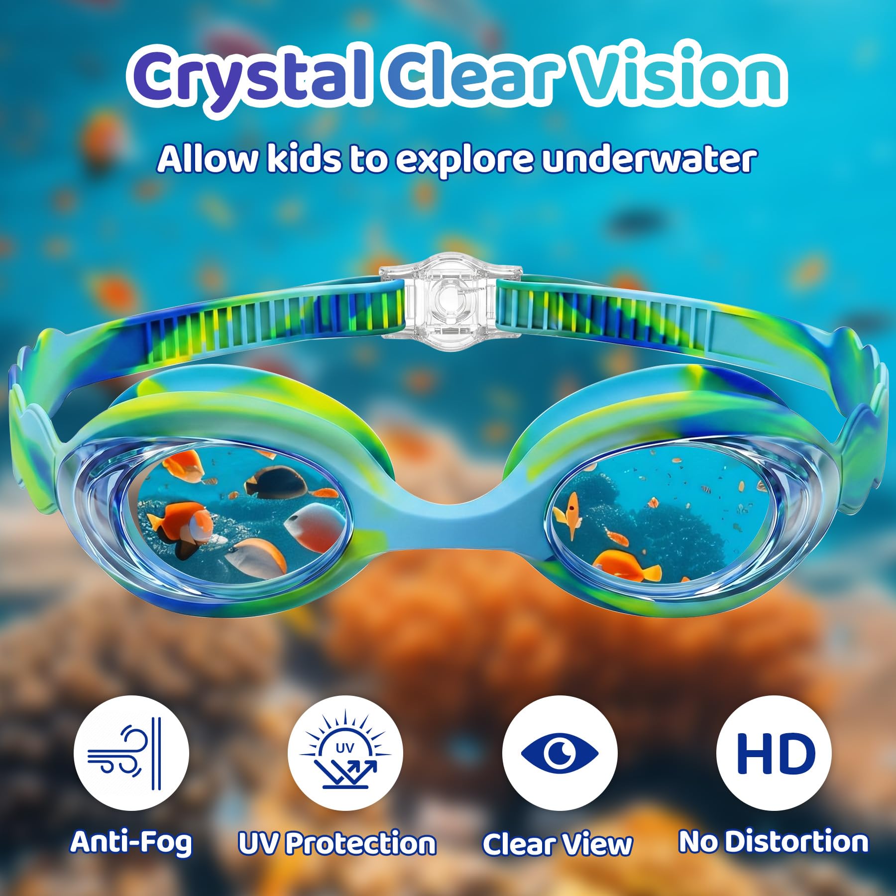 Vvinca Kids Swim Goggles with Fabric Strap No Tangle Pain-Free, Anti-Fog Swimming Pool Goggle No Leak for Toddlers Girls Boys