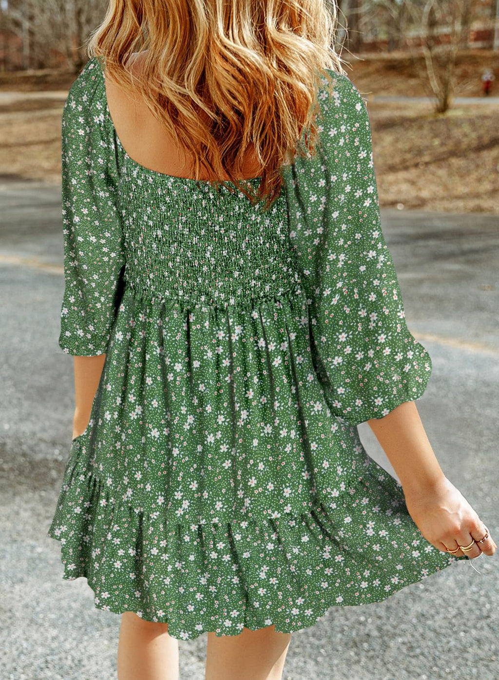 Dokotoo Fall Dresses for Women 2025 Boho Floral Square Neck Smocked 3/4 Sleeve Casual A-Line Swing Mini Dress Sundress
