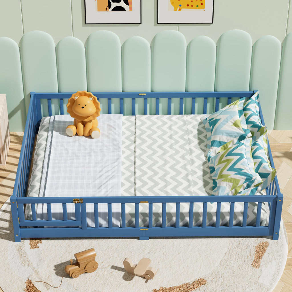 i-POOK Queen Floor Bed for Children, Sturdy Wood Montessori Bed Frame with Wood Slats, High Fence & Small Door for Girls and Boys, Espresso (with Bed Slats)