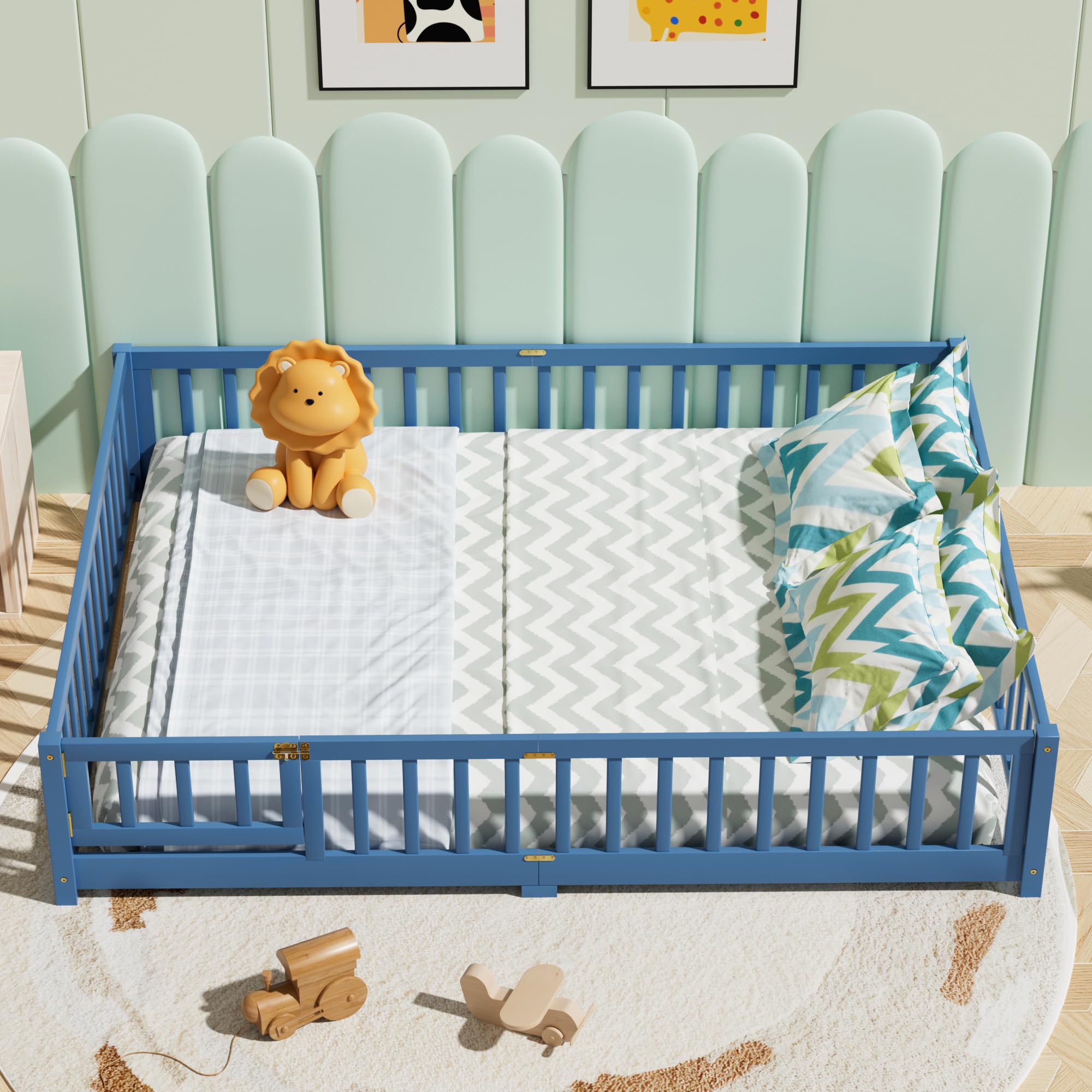 i-POOK Queen Floor Bed for Children, Sturdy Wood Montessori Bed Frame with Wood Slats, High Fence & Small Door for Girls and Boys, Espresso (with Bed Slats)