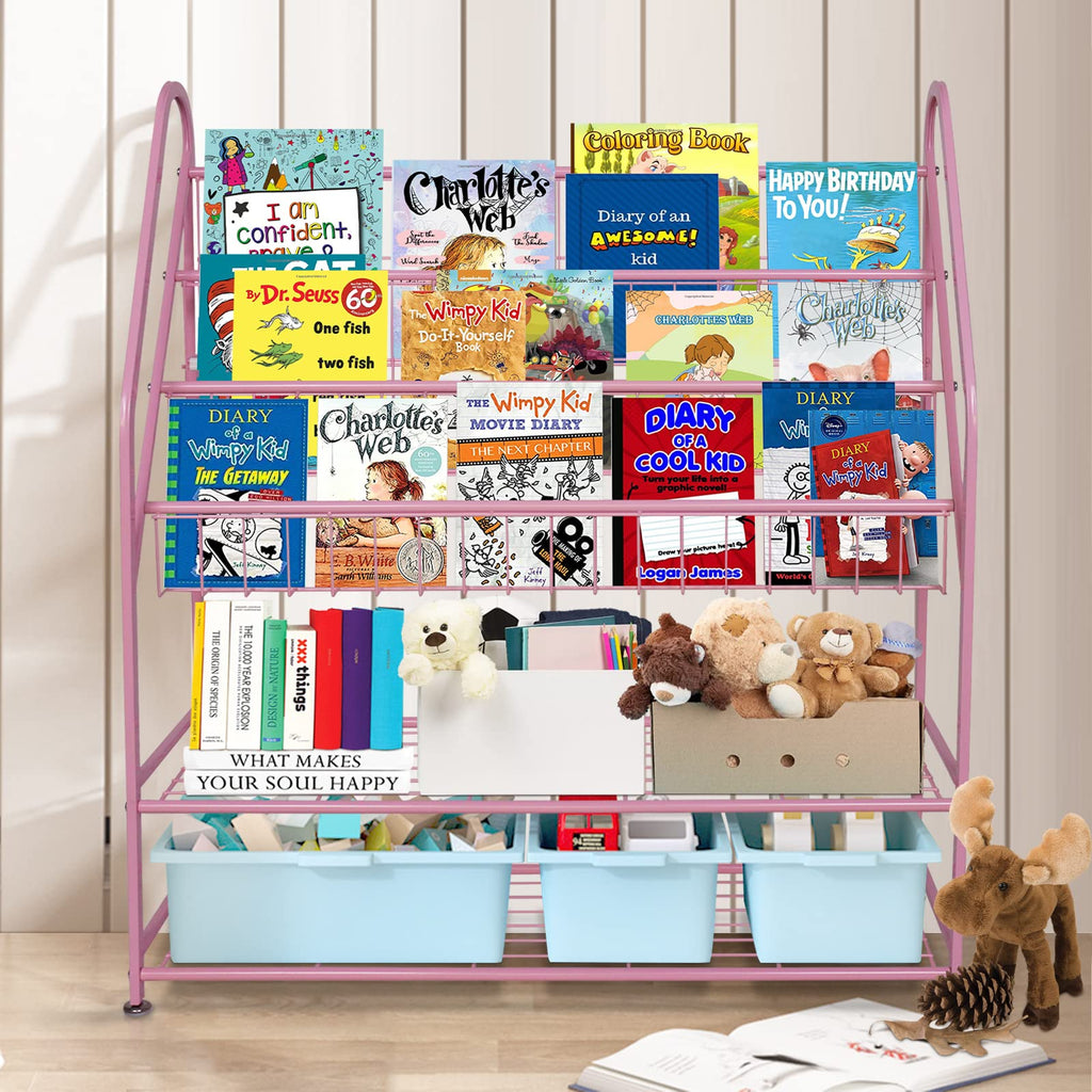 aboxoo Metal Kids Bookshelf Black Large Freestanding for Children Room 32 in Toy Organizer Large Stable Bookcase Bookstore Library Book Unit Storage Kids Bed Living Room