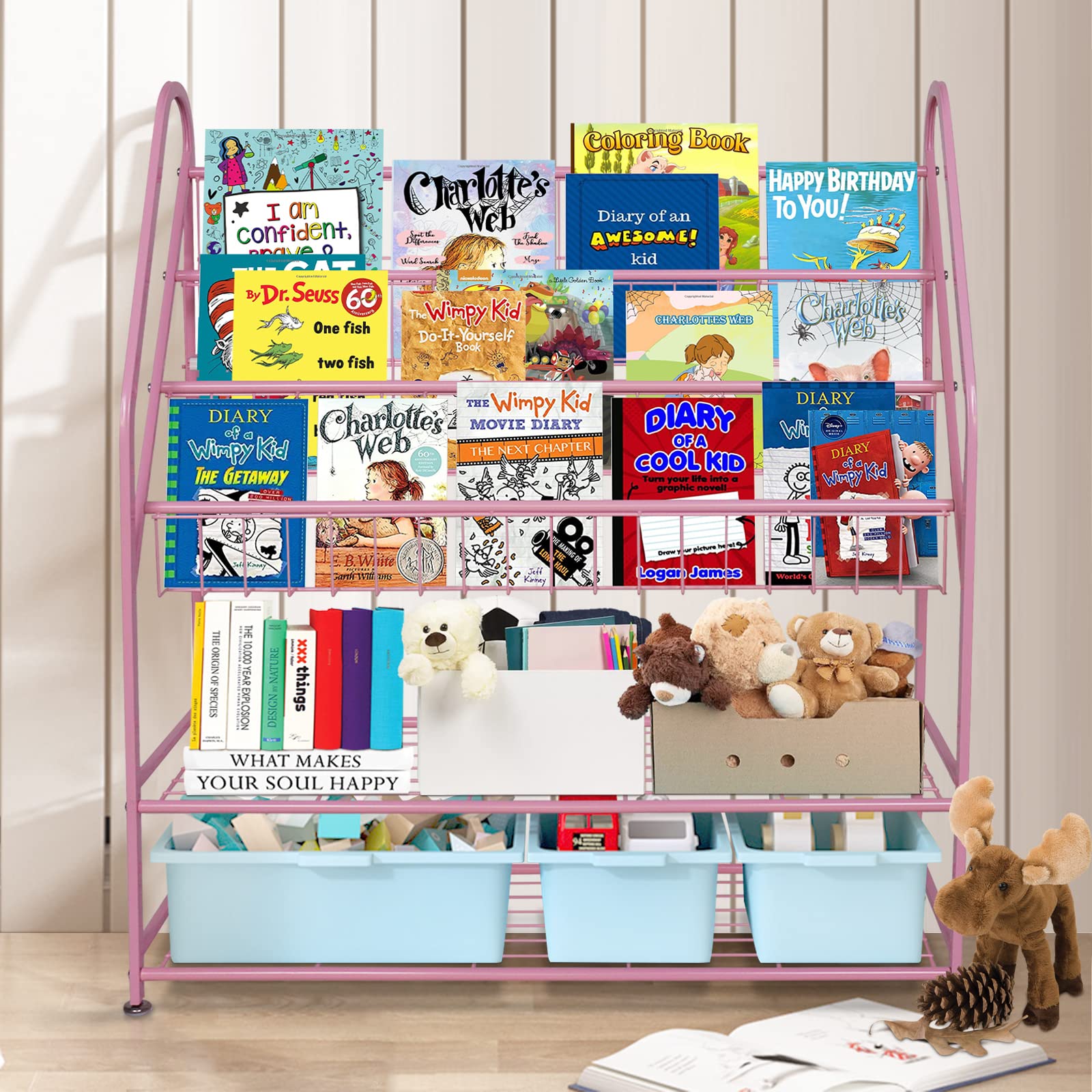 aboxoo Metal Kids Bookshelf Black Large Freestanding for Children Room 32 in Toy Organizer Large Stable Bookcase Bookstore Library Book Unit Storage Kids Bed Living Room