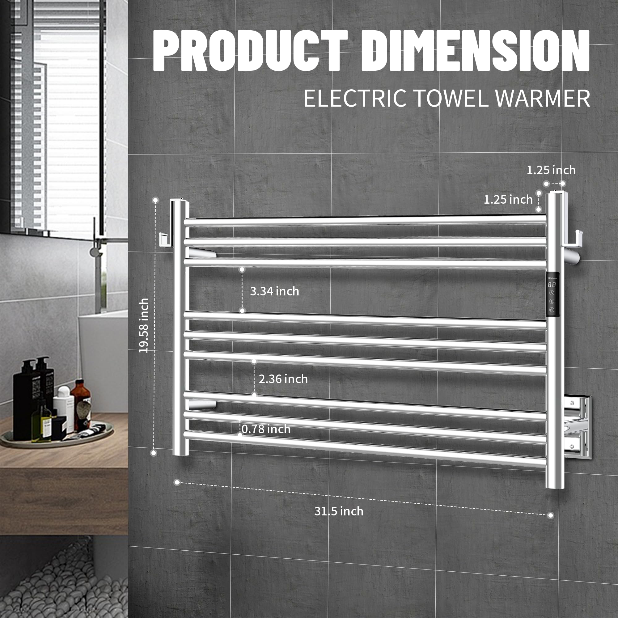 K&KALONZO Wall-Mounted 9-Bar Heated Towel Rack, Fast Heat in 2 Min, NTC Safety | 4 Timers & 3 Heat Levels Control, Plug-In/Hardwired, Top Hooks, Memory Function, Anti-Scald, Stainless Steel, EL13ML