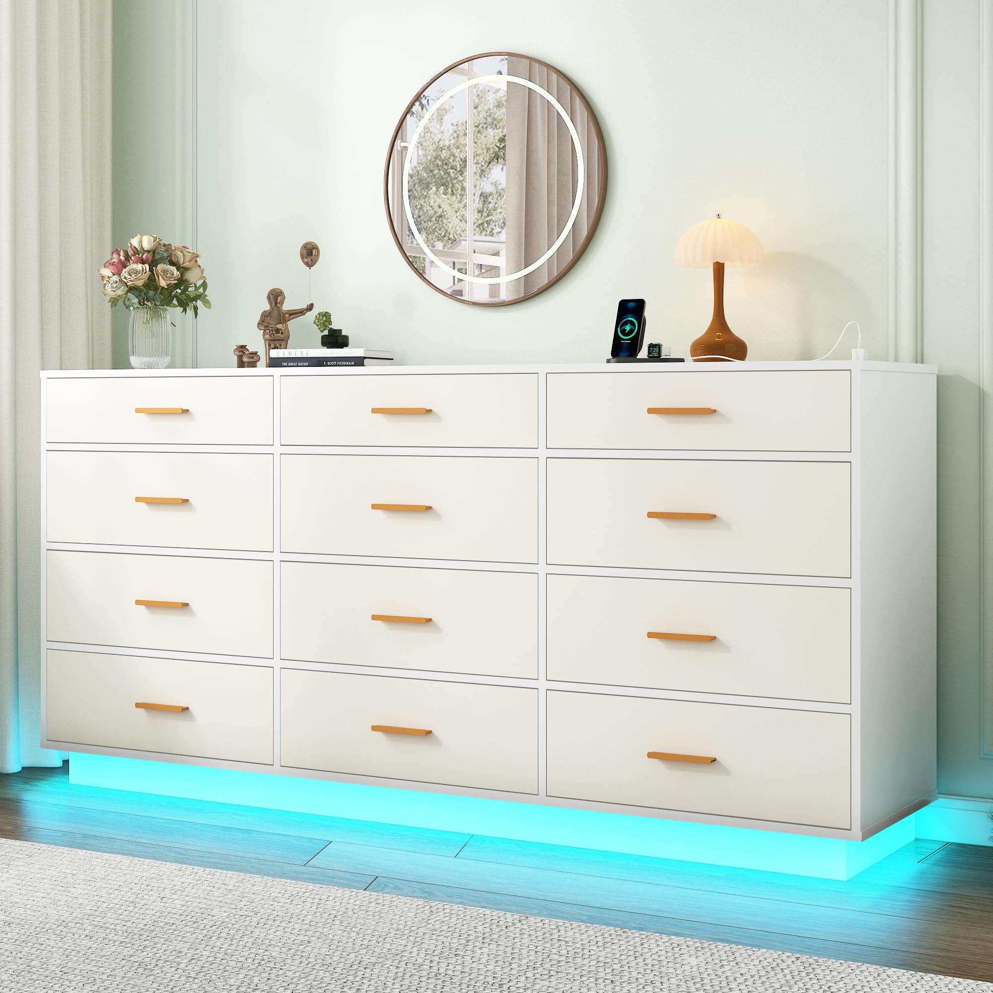 chartustriable Black 12 Drawers Dresser w/Power Outlet,60000-Colors Lights for Kids Bedroom,Modern 63In Long Dresser for Closet,Wooden Tall Dressers w/Large Storage for Entryway,Hallway