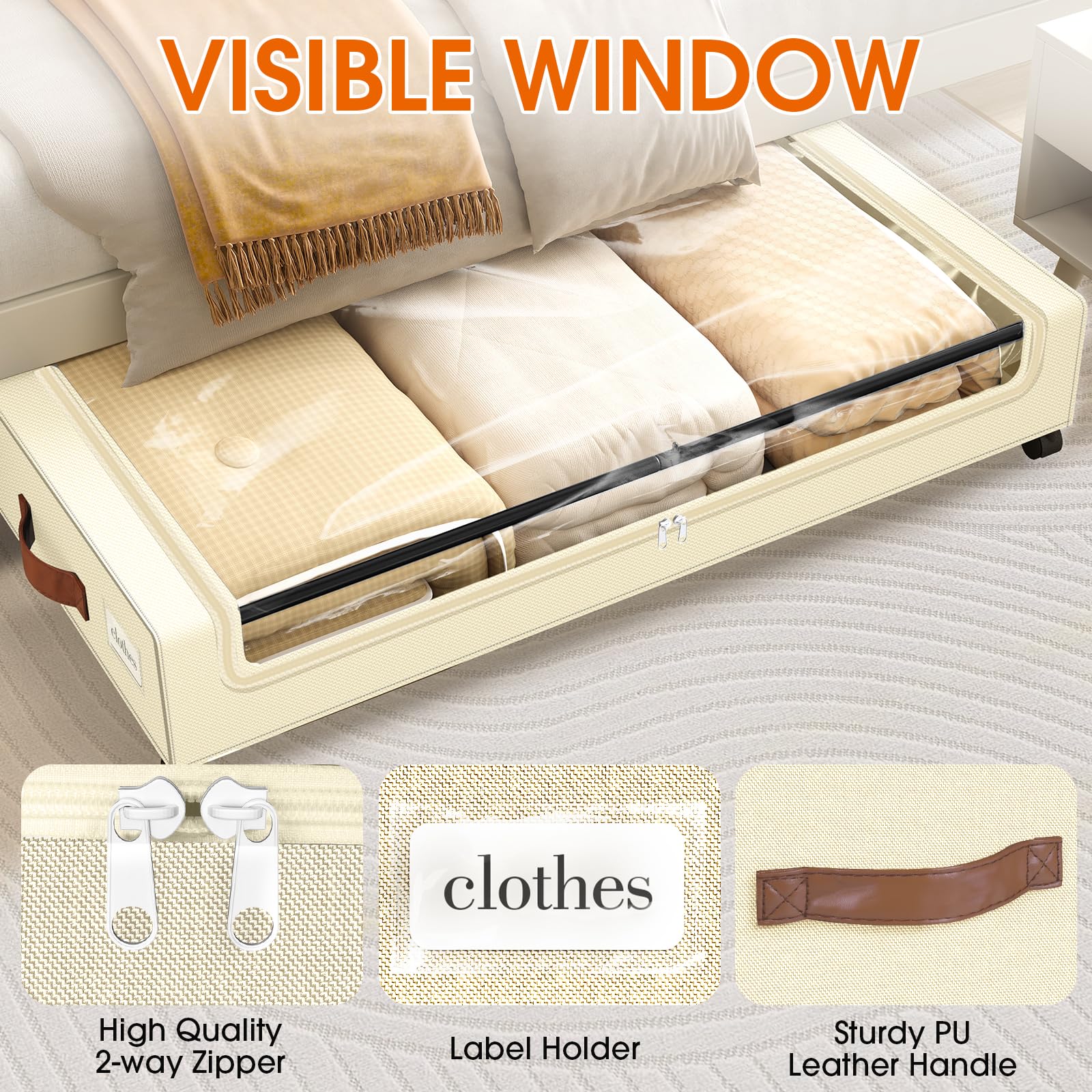 SpaceHacks Under Bed Storage with Wheels 1Pack Underbed Storage with Clear Window&Label Under Bed Drawers Large Capacity Rolling Under Bed Storage for Clothes,Shoes, Blankets (Beige)