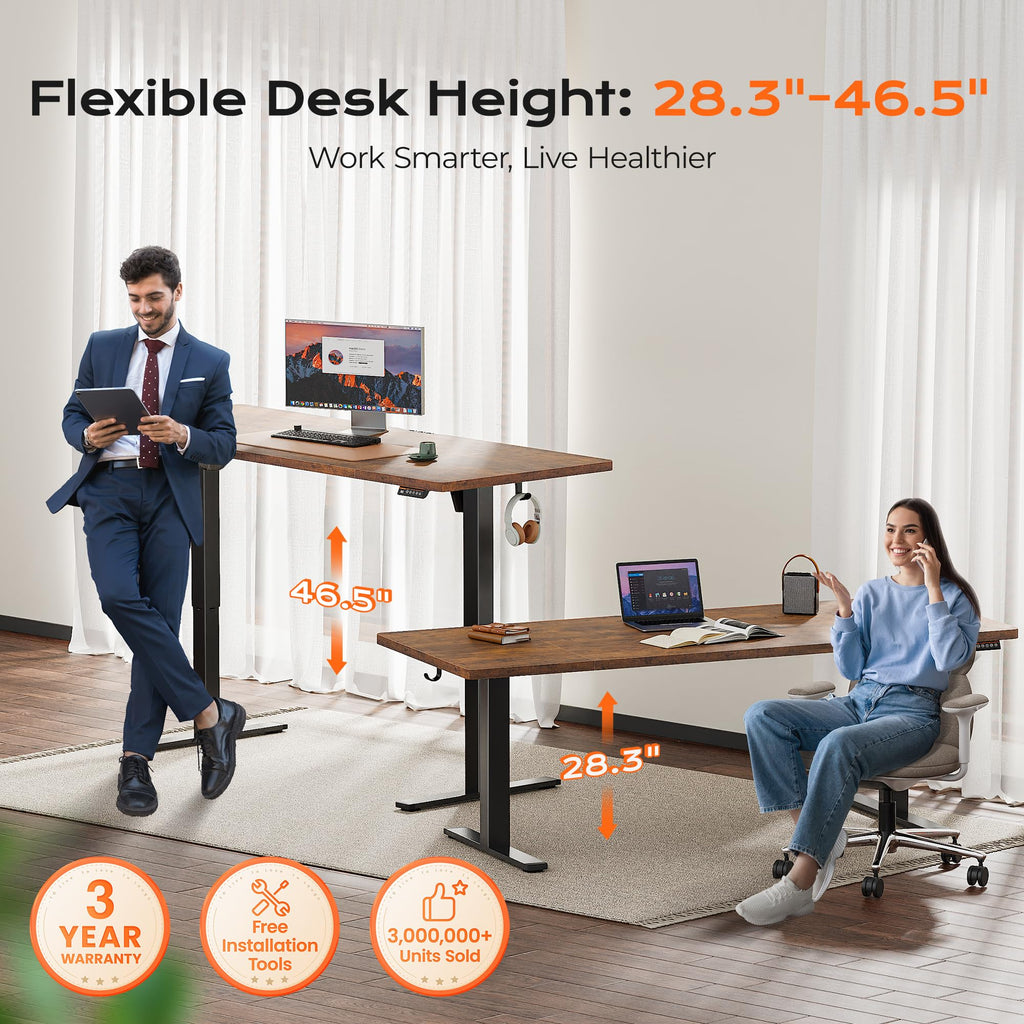 Huuger 48 x 28 Large Electric Standing Desk, Height Adjustable Desk, 27.6" Deep Desktop, Stand up Gaming, 2 Hooks, 3 Preset Heights, for Home Office, Black