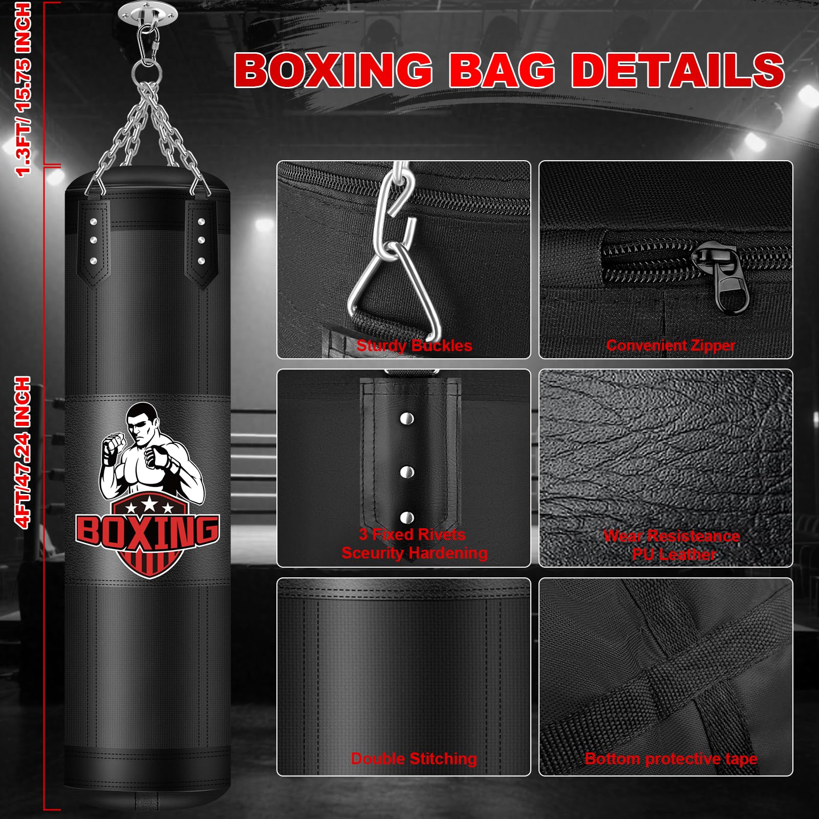 YORWHIN Punching Bag for Adults, 4FT PU Heavy Boxing Bags with Chain Ceiling Hook, Hanging Boxing Bag for Kickboxing Muay Thai Karate Judo Taekwondo Home Gym Training, Unfilled
