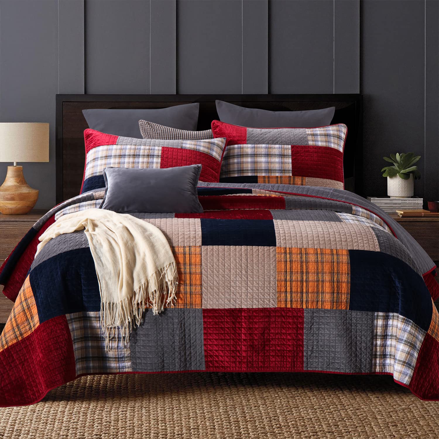 Secgo Twin Comforter Set for Bed - 100% Cotton Quilts Twin Size, Black Bedspreads with 2 Pillow Shams, Patchwork Reversible Lightweight Bedding