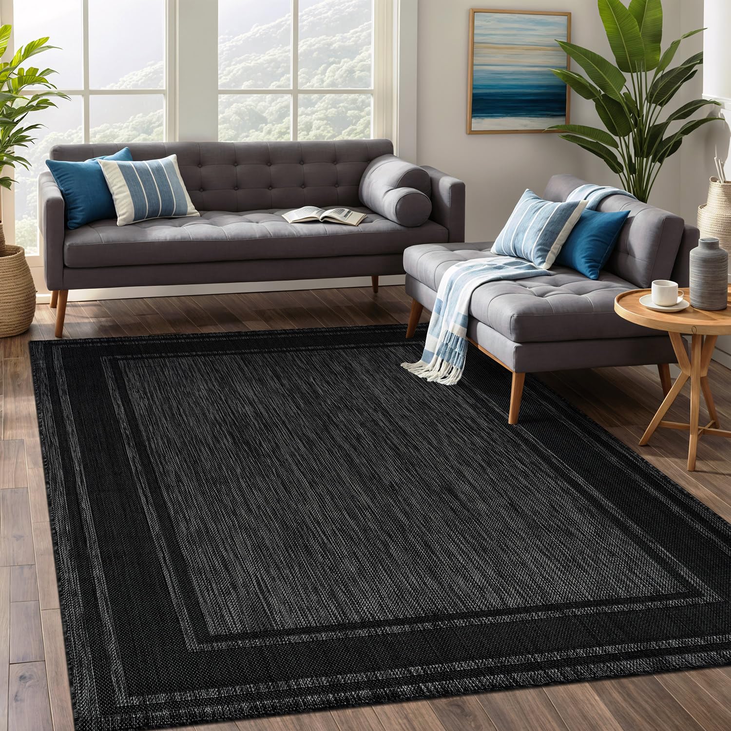 Beverly Rug Outdoor Rug 5x7 Modern Bordered Area Rugs for Indoor and Outdoor Patio Deck Porch Garden Waterproof Weather Sun Resistant Washable Outside Carpet (5 x 7 Beige)