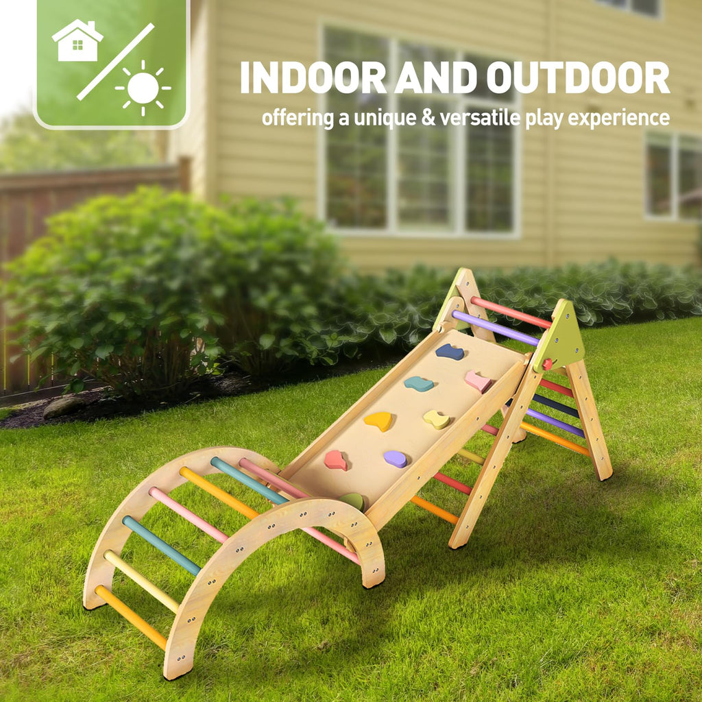 LOL-FUN Pikler Triangle Set with Slide for Toddler 1-3, Montessori Climbing Toys for 1 Year Old, Toddler Climbing Toys Indoor Pickler Climbing Set, Foldable Wooden Climber Jungle Gym for Kids