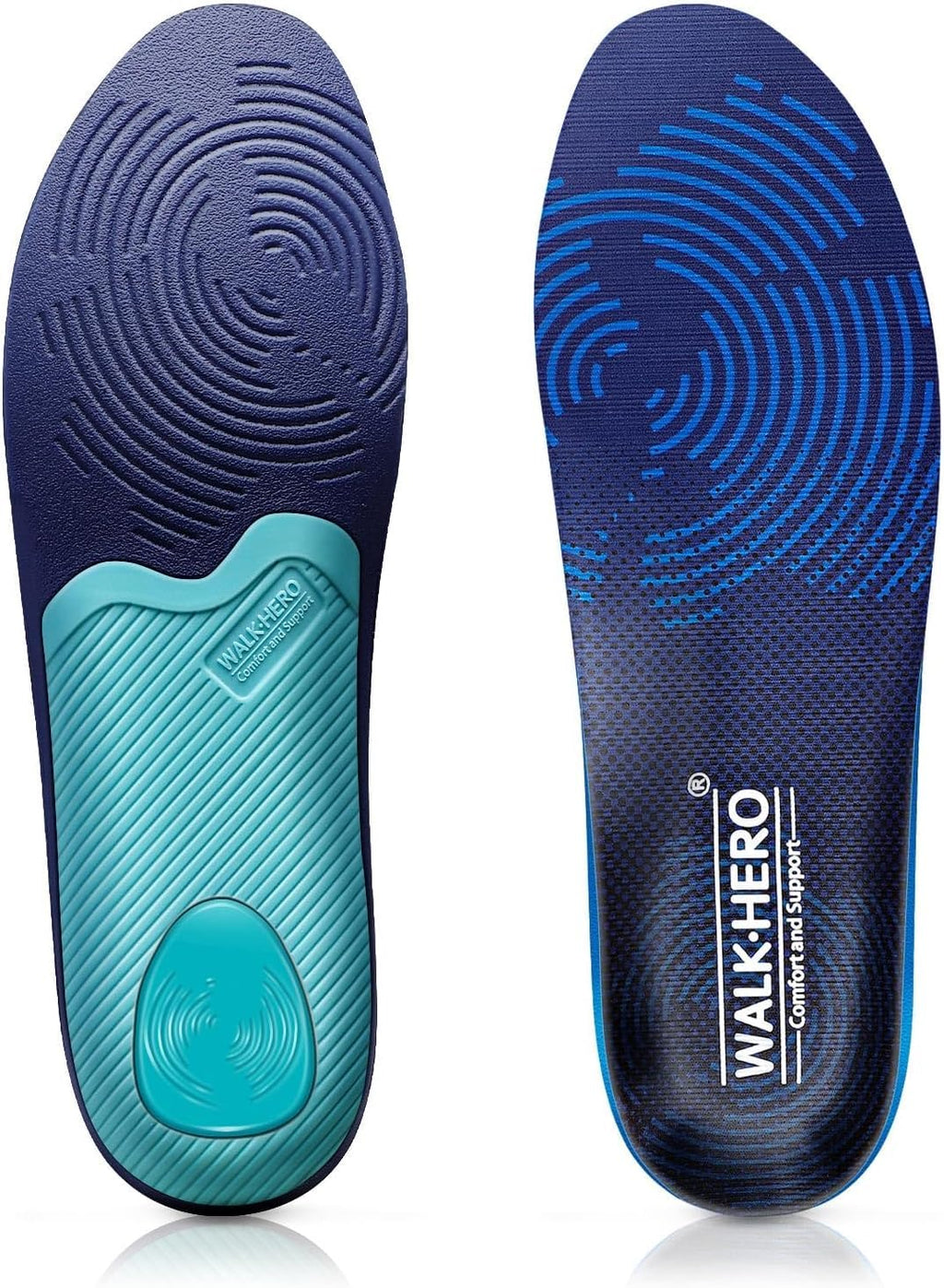 WalkHero Plantar Fasciitis Insoles - Medium Arch Support Inserts for Men & Women with Comfort Cushion | Orthotic Inserts to Relieve Foot Pain and Provide Shock Absorption (Blue) Mens 4-4 1/2