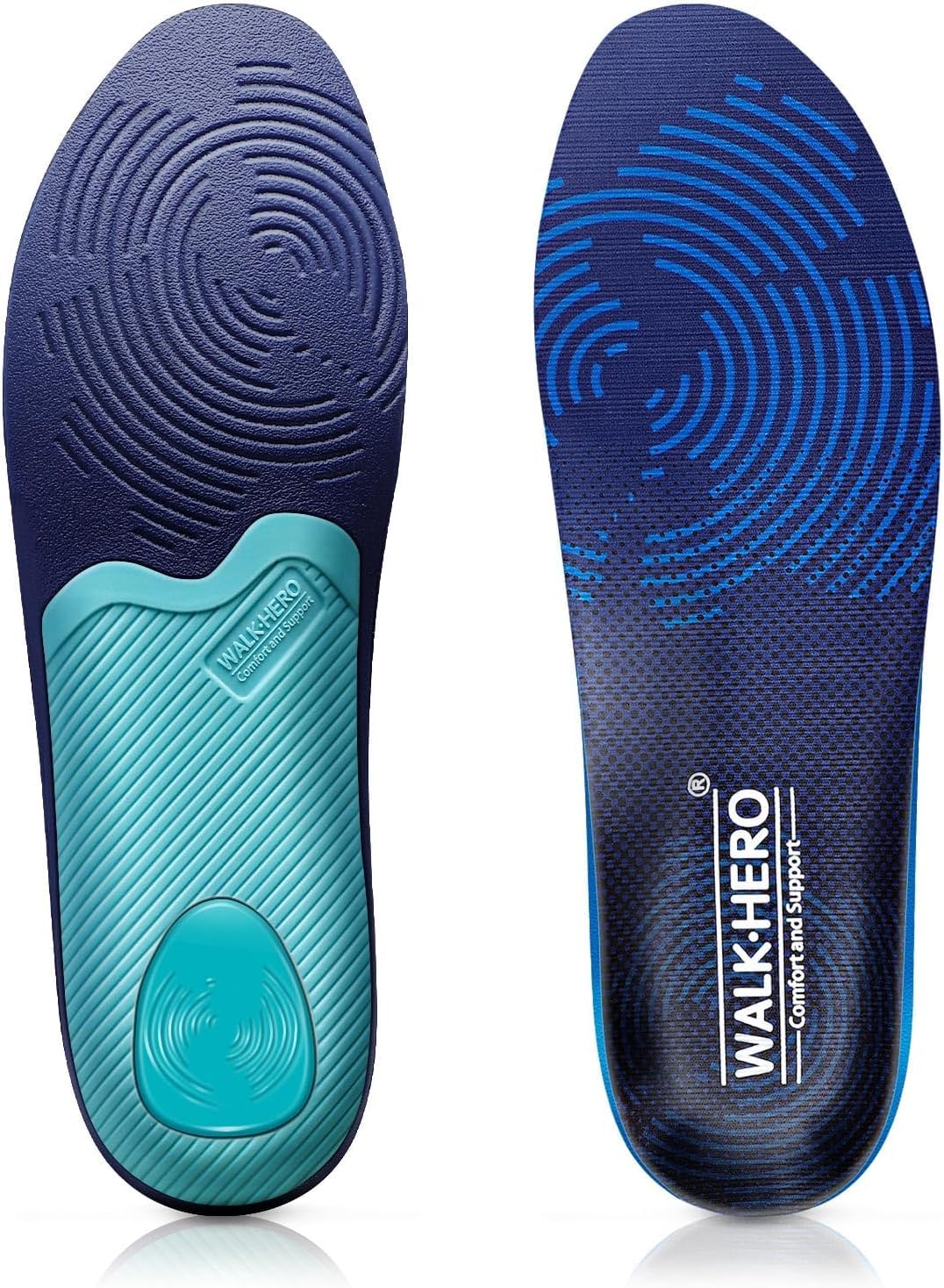 WalkHero Plantar Fasciitis Insoles - Medium Arch Support Inserts for Men & Women with Comfort Cushion | Orthotic Inserts to Relieve Foot Pain and Provide Shock Absorption (Blue) Mens 4-4 1/2