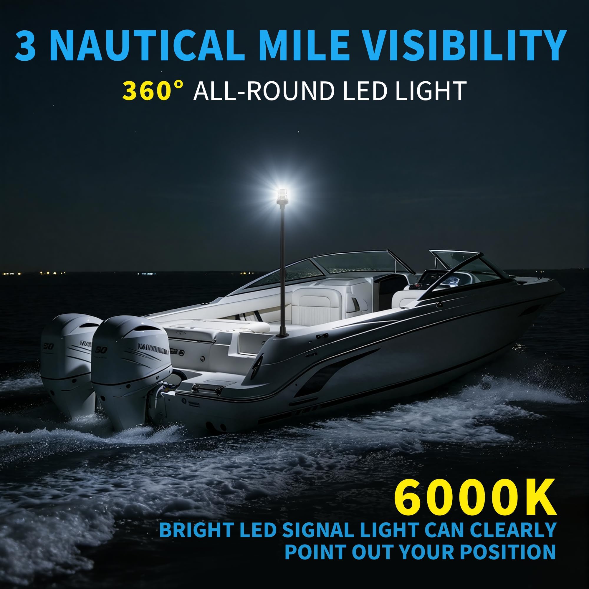 Obcursco Boat Stern Lights, Telescoping Pole 27"-48" LED Anchor Light with Base, 12V Adjustable 3NM 360° Navigation Lighting for Pontoon, Yacht, Bass, and Fishing Boats (27"-48", Black)