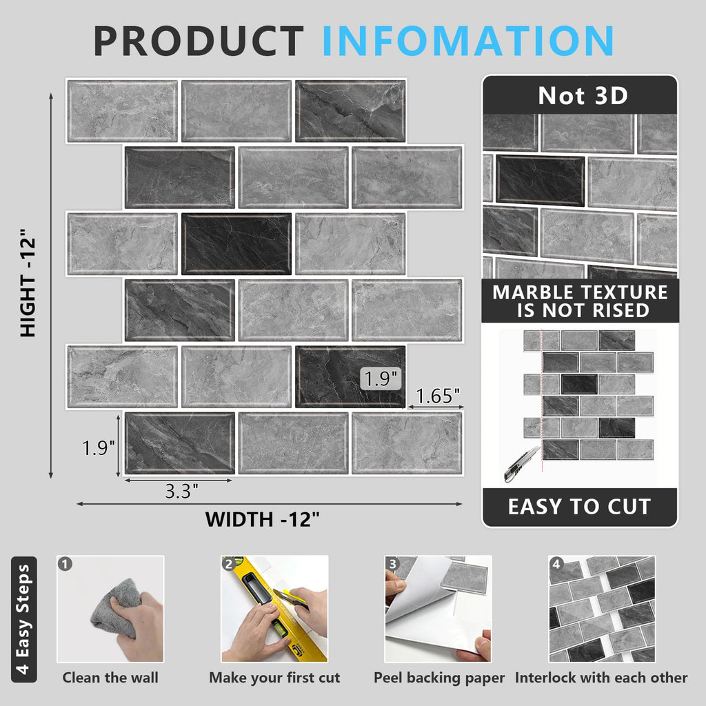 URCOLOR 10-Sheet Back Splashes for Kitchens Peel and Stick,12"x12" Self Adhesive Subway Wall Tiles Stick on backsplash Tiles for Bathroom Black Marble