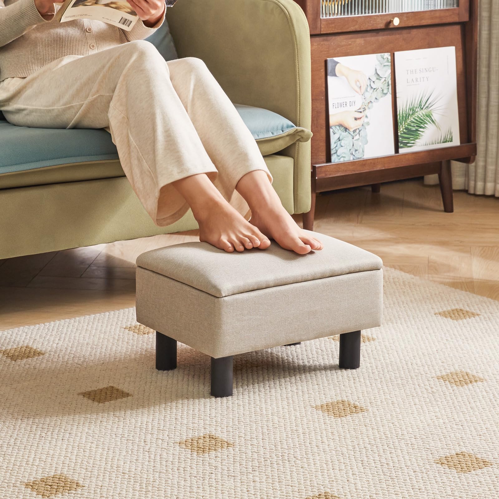 IBUYKE 16.54" Small Footstool, PU Faux Leather Step Stool, with Padded Seat Pine Wood Legs and Padded Rectangular Stool, for Bedroom, Black RF-BD210