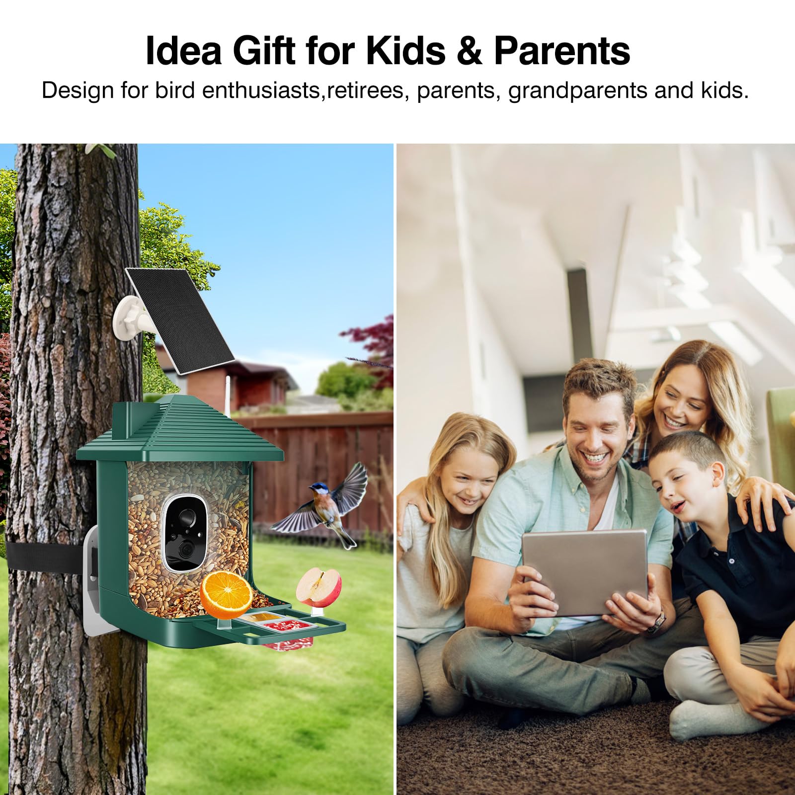 Smart Bird Feeder with Camera,AI Identify Species,Bird House with Solar Powered,Instant Arrival Alerts,2K Capture Video,Live View for Lover (Blackish Green)