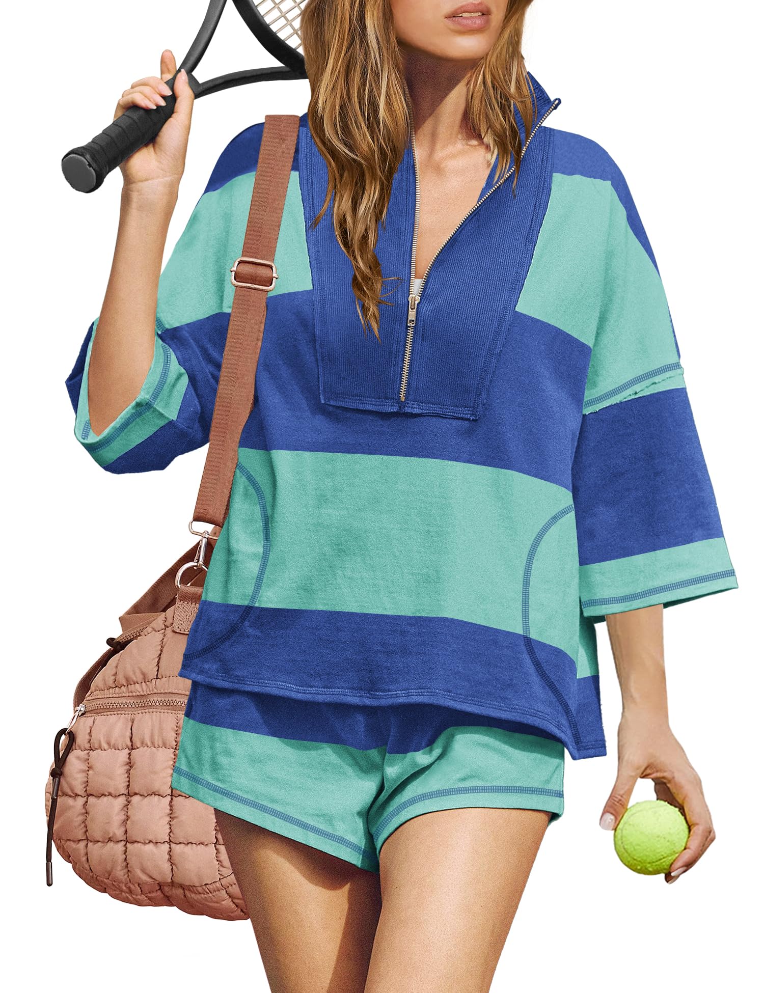 ReachMe Womens Workout Striped Short Sets 2 Piece Outfits Summer Matching Lounge Sets Top and Shorts with Pockets