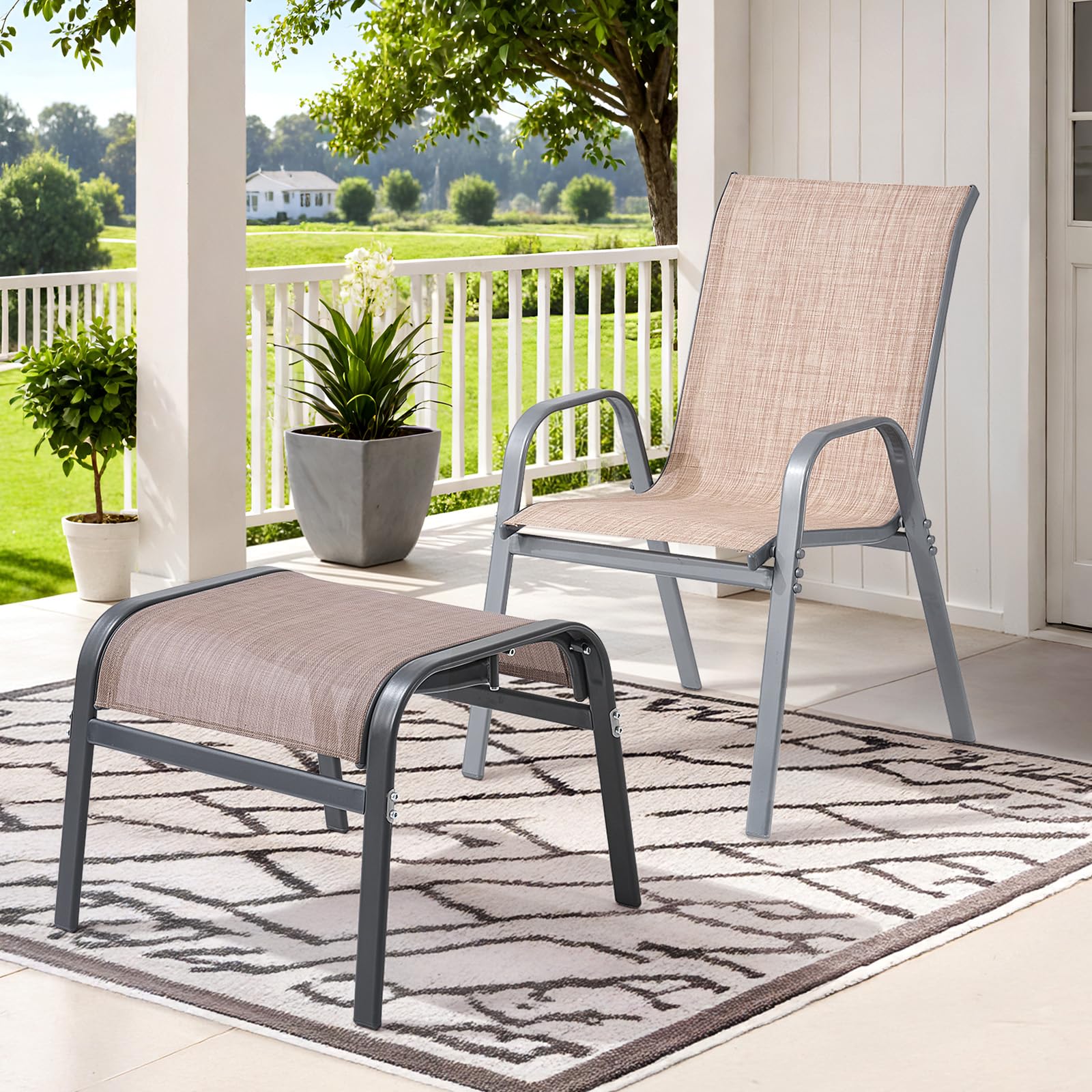 ONBRILL Outdoor Ottoman Set of 2, All Weather Outdoor Foot Stool with Supportive Textliene and Metal Frame, Stackable Oversized Outdoor Foot Rest for Furniture Patio Garden Pool, Beige