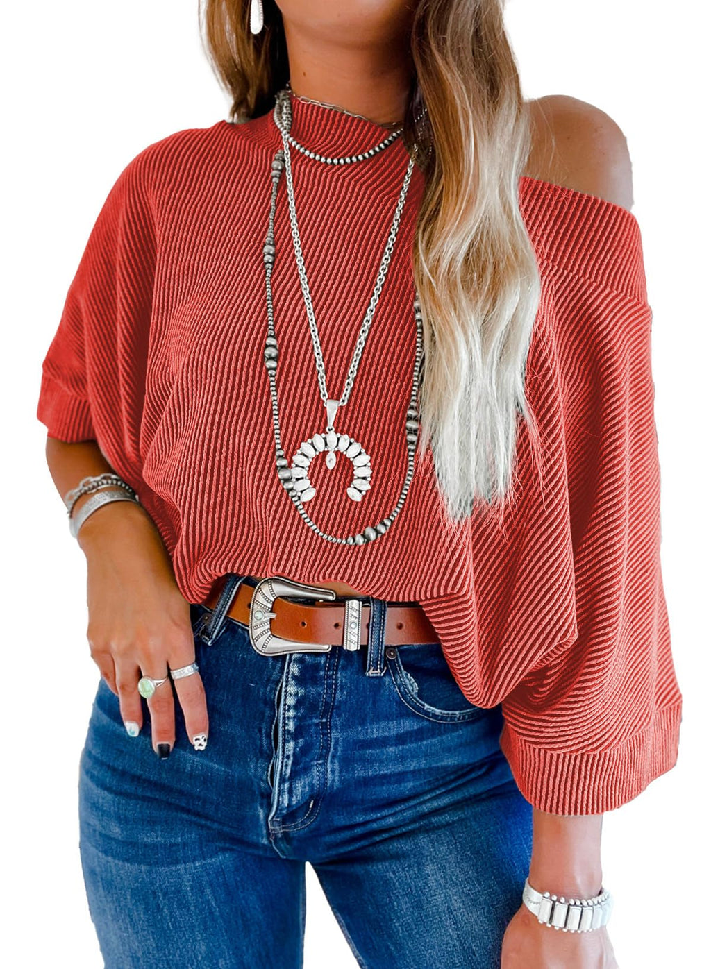 EVALESS Sexy Off The Shoulder Tops for Women 3/4 Length Sleeve Womens Tops Spring Summer 2026 Boat Neck One Shoulder Shirts