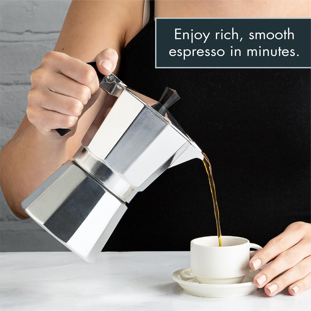 Primula Classic Moka Pot Stovetop Espresso and Coffee Maker, Italian and Cuban Cafetera for Rich Espresso Brewing, Durable Aluminum Greca Coffee Maker with Easy Grip Handle, 6-Cup, Black