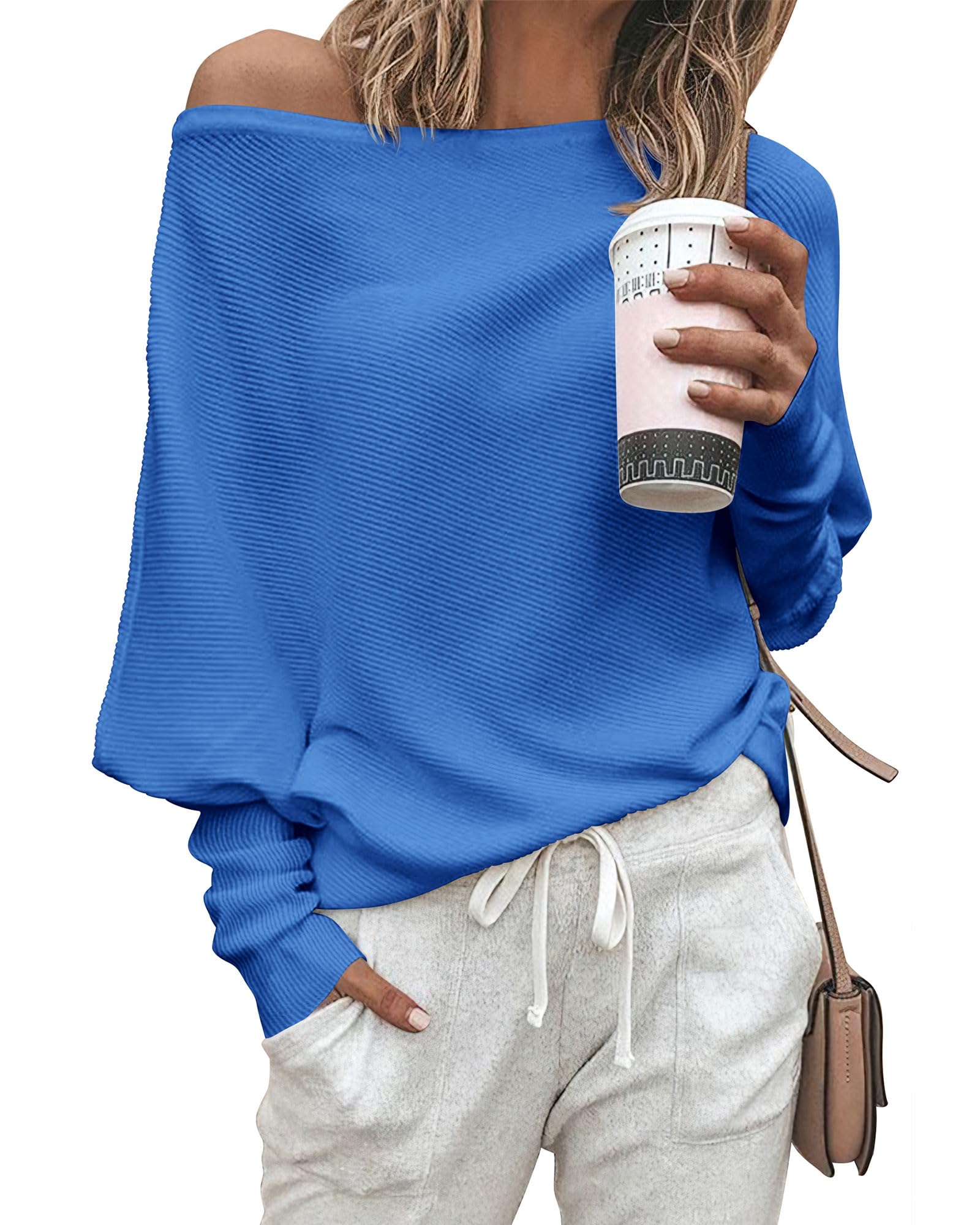 Zenlonr Women's Fall Sweaters 2026 Casual Long Batwing Sleeve Loose Off Shoulder Knit Pullovers Jumper Tops