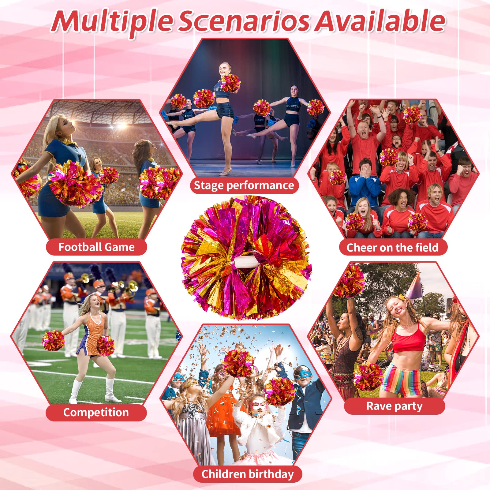 4Pcs Metallic Cheerleading Pom Poms, Creatiee 2 Pair Cheerleader Cheering Squad Pompoms for School Sports Dance Games Team Spirit Cheer