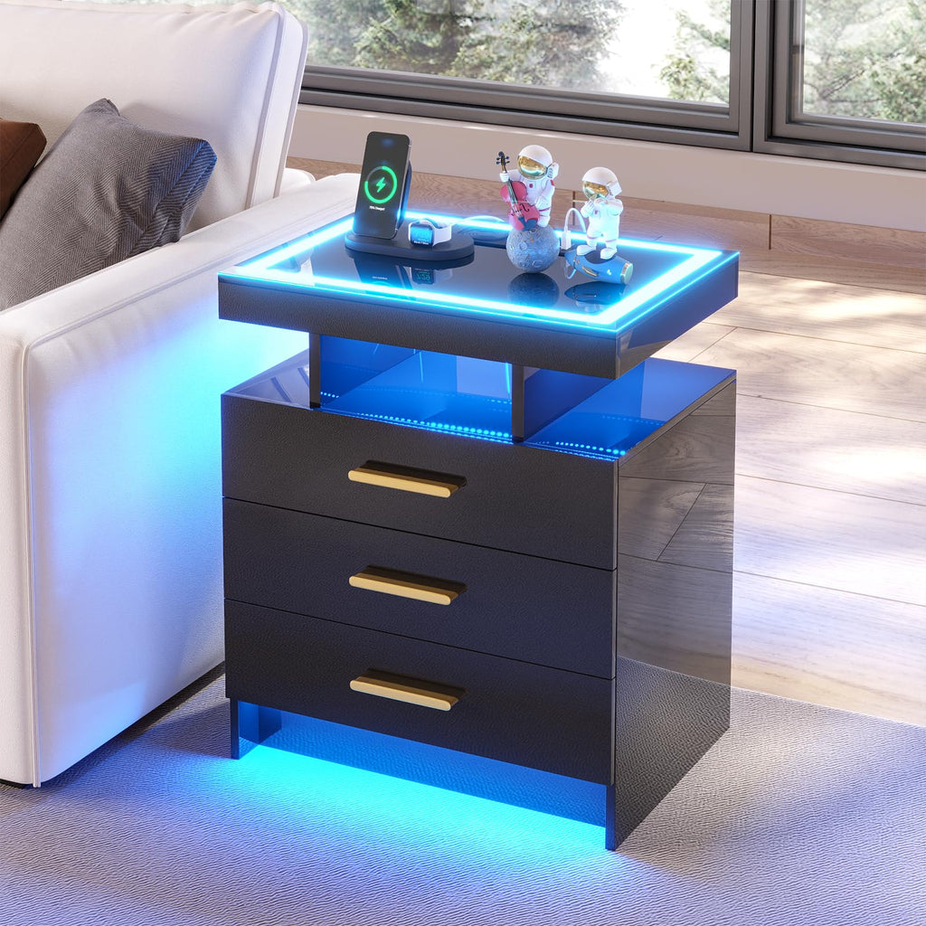 HNEBC LED Nightstand with Charging Station,Smart Bedside Table with Motion Sensor Lights,3 Drawers,Tempered Glass Top,High Gloss End Table with 3 Color Lights for Bedroom, Living Room,Office-Black