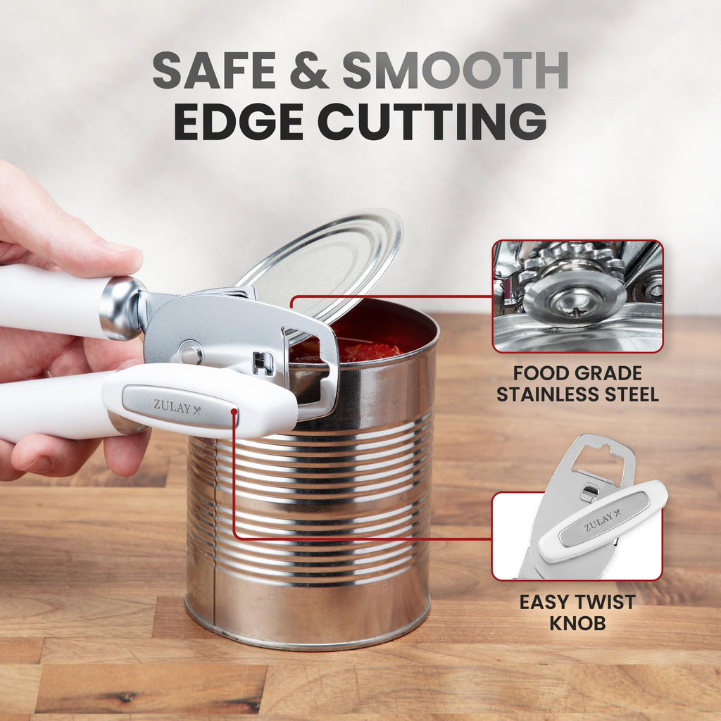 Zulay Kitchen Heavy Duty Stainless Steel Can Opener Manual with Bottle Opener - Rust Proof Manual Can Opener With Turn Knob & Comfy Soft Grip Handles - Airy Lilac