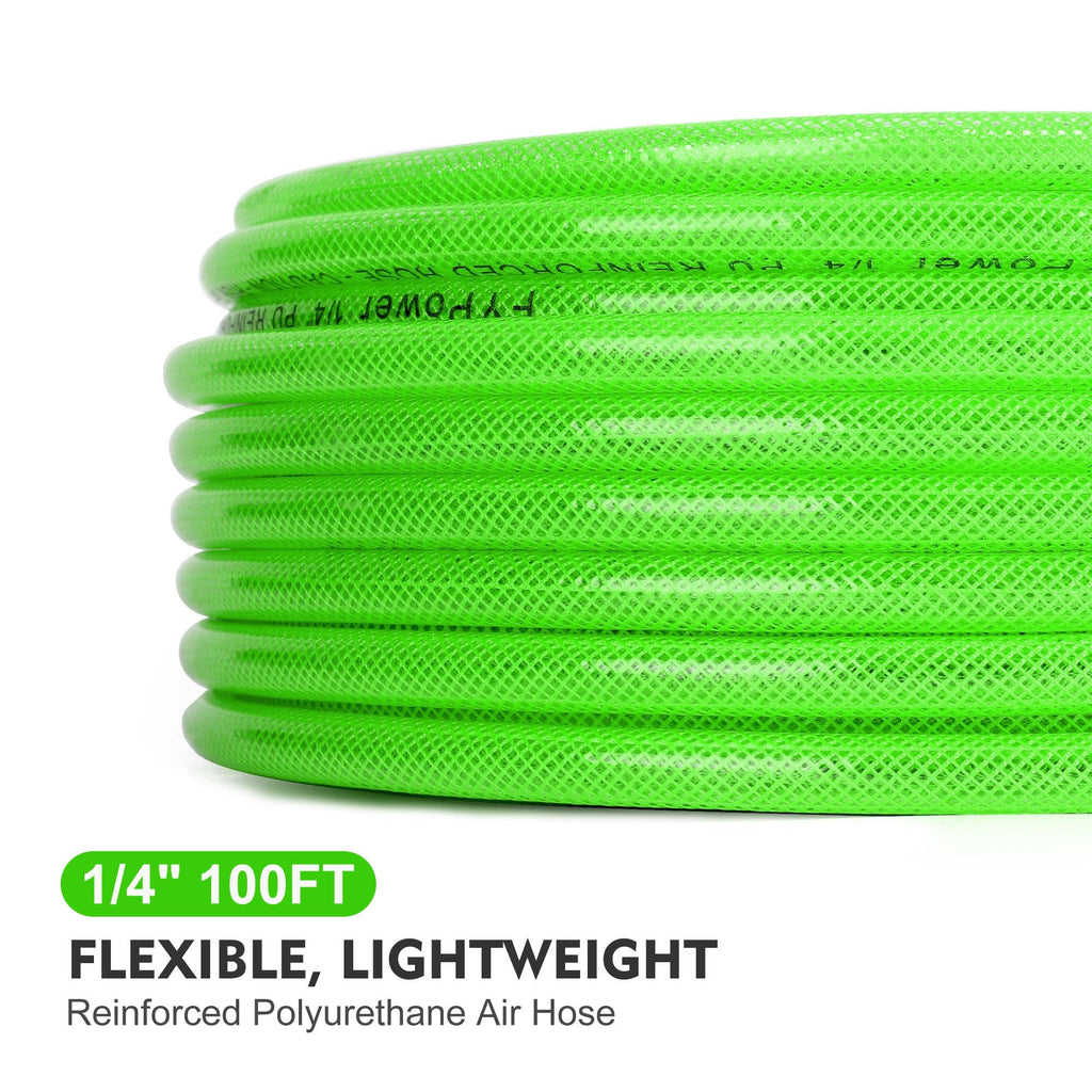 Air Compressor Hose 1/4 Inch x 25 Feet Reinforced Polyurethane (PU) Air Hose with Fittings, Bend Restrictors, 1/4" Industrial Quick Coupler and Plug Kit, Green