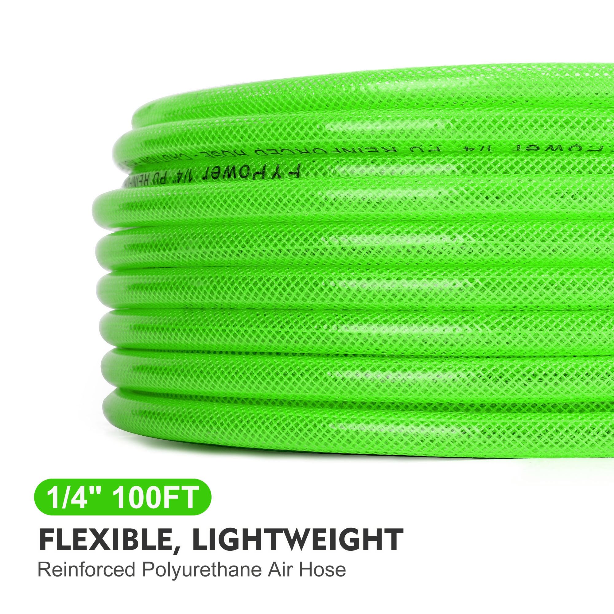 Air Compressor Hose 1/4 Inch x 25 Feet Reinforced Polyurethane (PU) Air Hose with Fittings, Bend Restrictors, 1/4" Industrial Quick Coupler and Plug Kit, Green
