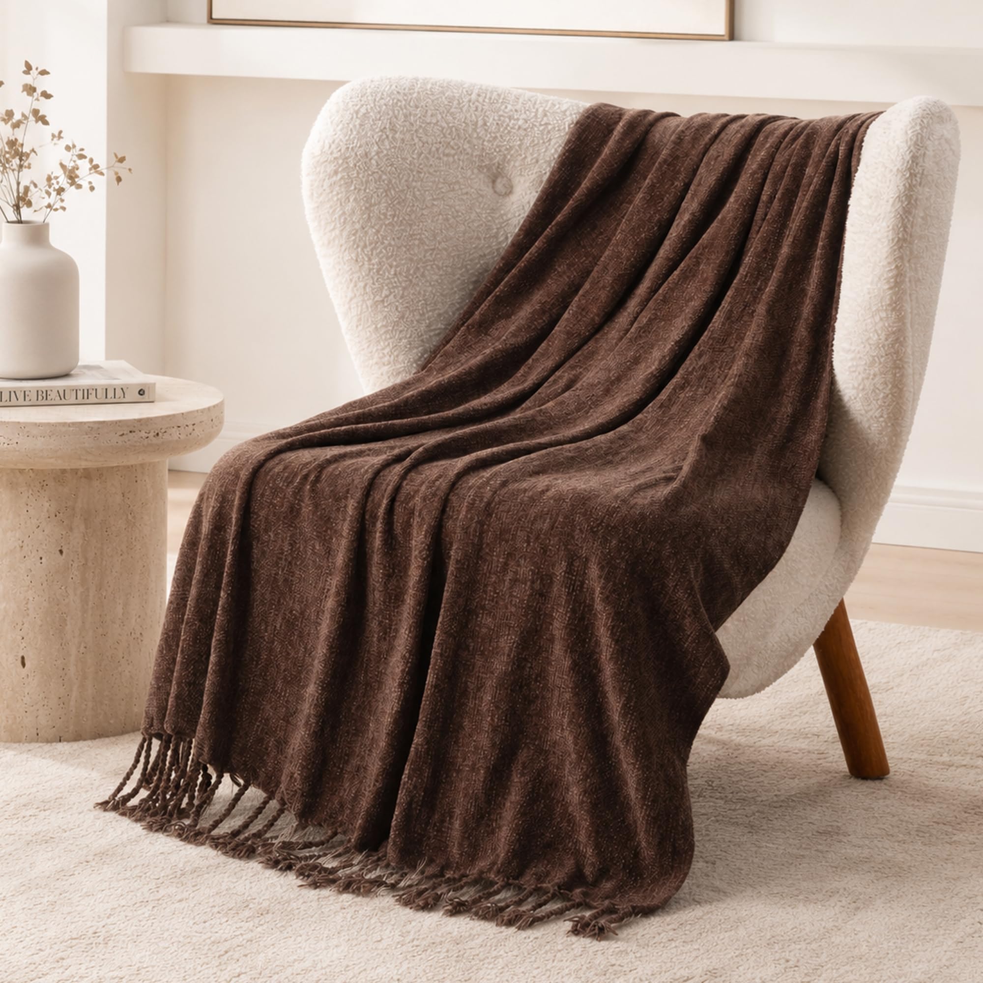 BATTILO HOME Beige Chenille Throw Blanket for Couch, Soft Cozy Textured Knit Throw Blanket with Handmade Fringe Tassels, Lightweight Decorative Farmhouse Blanket for Sofa Bed Chair, 50"x60"