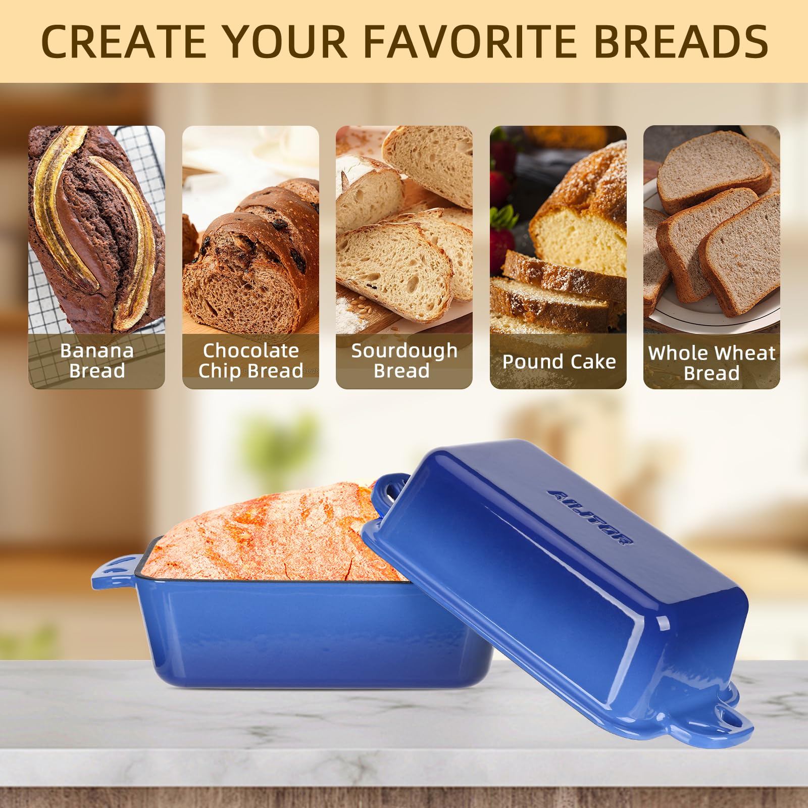 AILITOR 9x5 Enameled Cast Iron Loaf Pan with Lid - 2 in 1 Sourdough Bread Pan for Homemade Baking