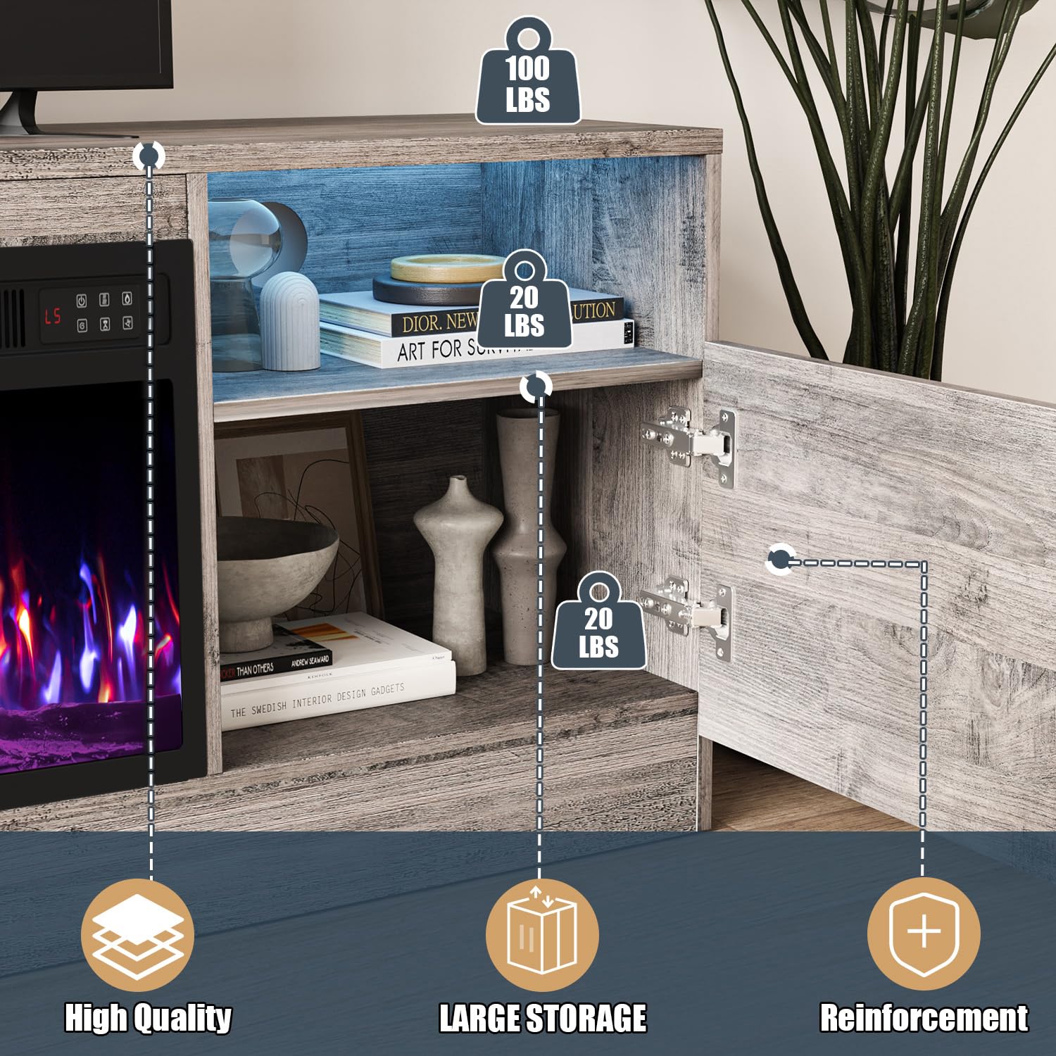 VITESSE 58 Inches Fireplace TV Stand for TVs up to 65 Inches Console with 18'' Electric Fireplace & Remote,Wooden Modern Entertainment Center for Living Room with LED Light Glass Shelves（Bei）