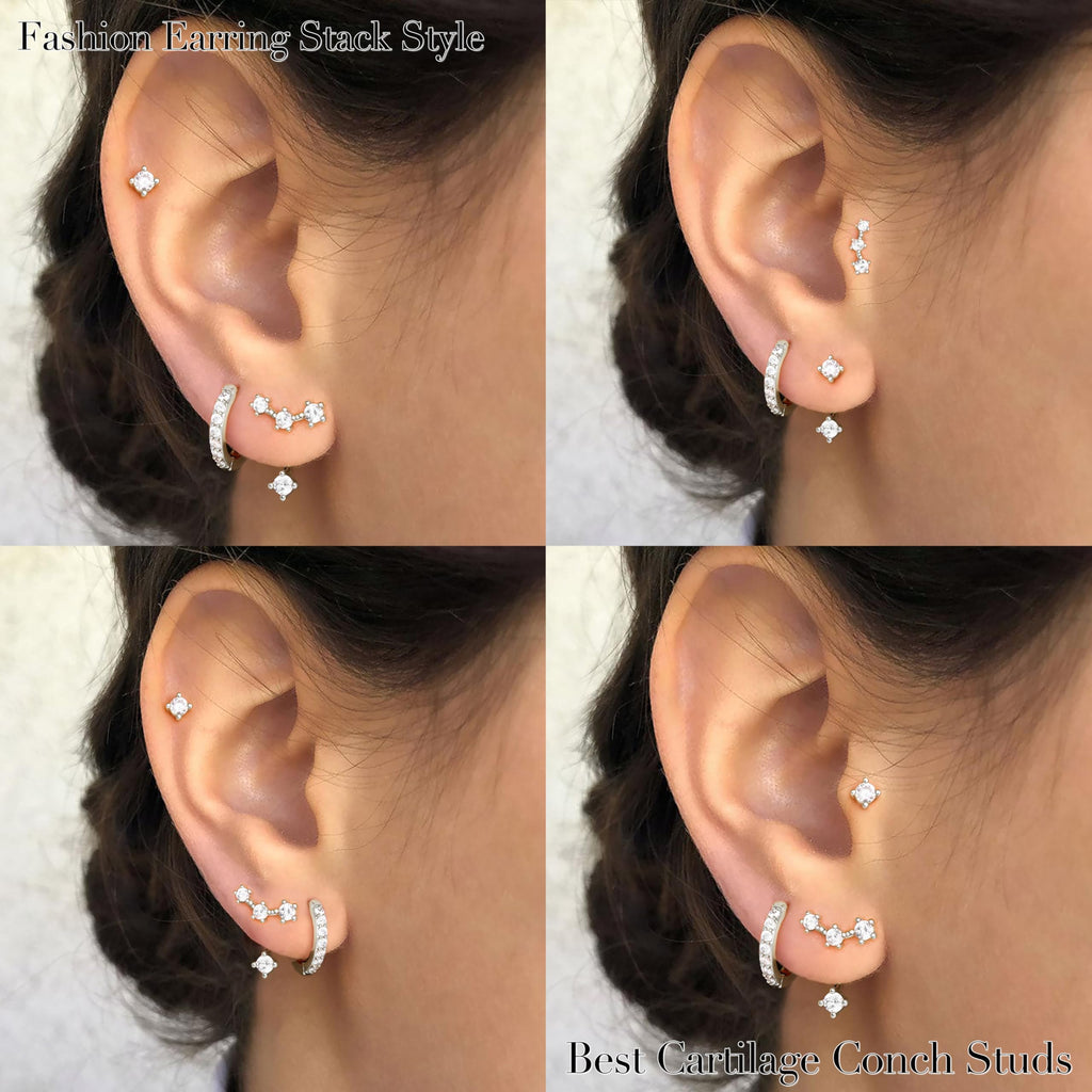 3 Pairs Dainty Small Earrings Set for Women Trendy, Birthstone Stud Huggie Hoop Jacket Stack for Cartilage Helix, Gold Plated Hypoallergenic Cute Women Fashion Accessories Western Jewelry Gifts