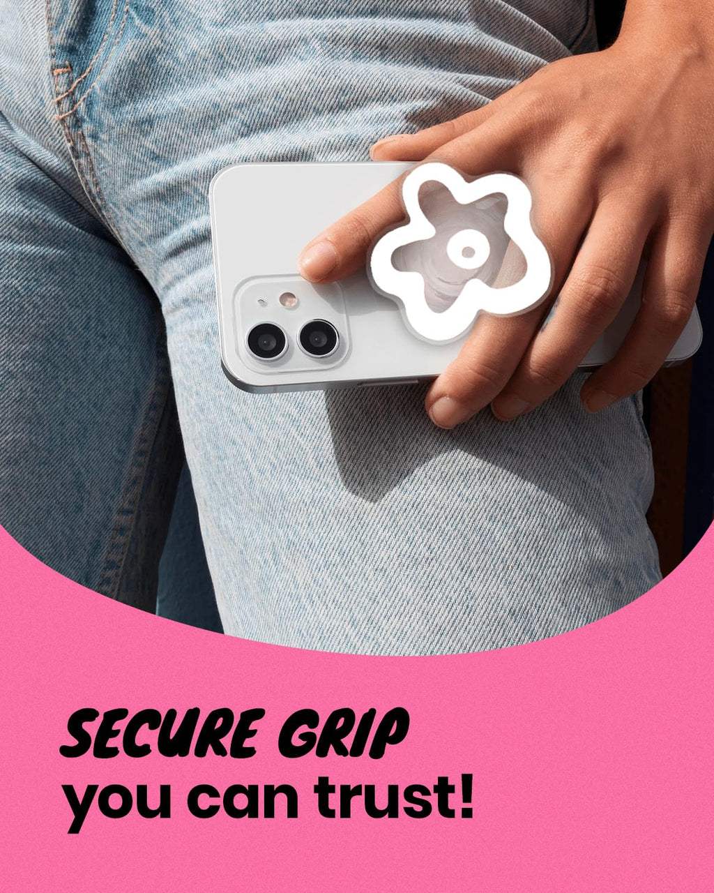 OnTheGrip Cute Transparent Daisy Flower Shape Design Mobile Phone Grip Multi Functional Collapsible Stand Holder for Smartphone Tablet Cell Phone Accessory (Black)