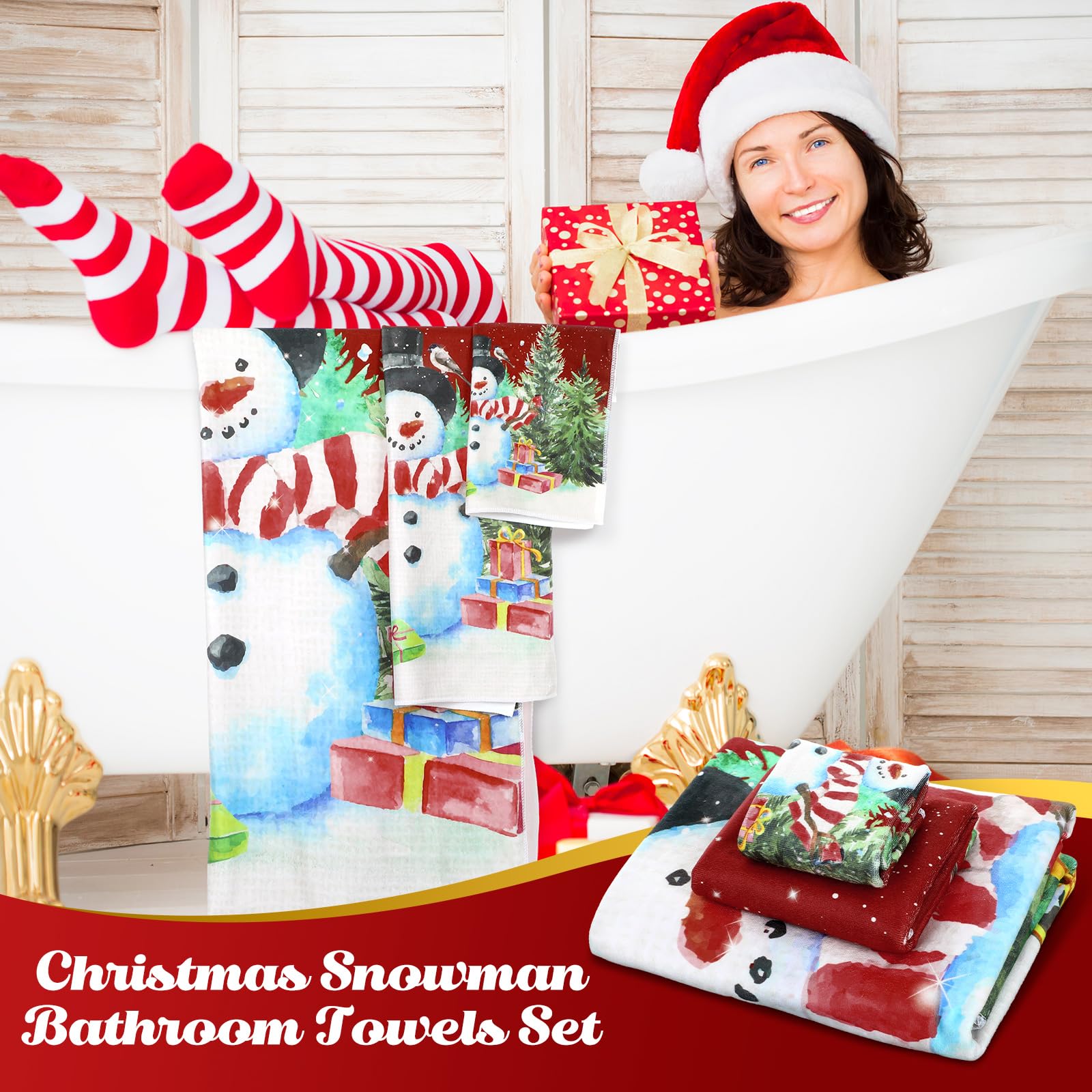 Preboun 3 Pack Christmas Gnome Bathroom Towels Set - Christmas Tree Hand Towels, Winter Snowflake Bath Towels, Soft Absorbent Dish Towels for Bathroom, Kitchen, Home, Hotel, Beach, Gym, Spa