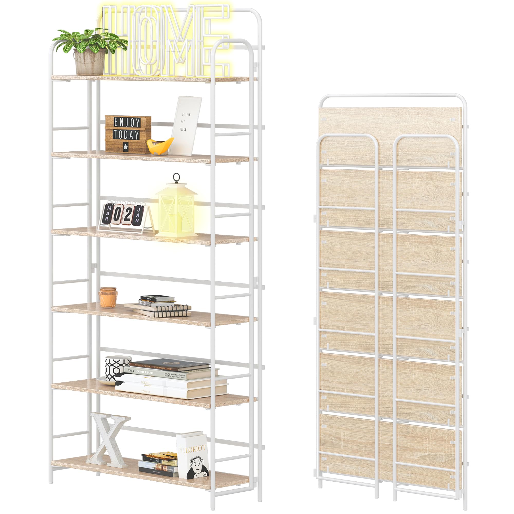 4NM No Assembly Folding Bookshelf, 3 Tiers Collapsible Book Shelves Open Industrial Foldable Storage Bookcase Shelf for Bedroom, Living Room, Home Office - Natural and White