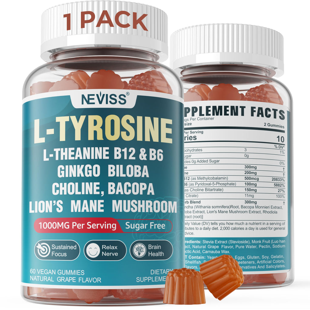 Sugar Free L-Tyrosine Gummies 300mg L-Theanine 200mg Vitamin B6 100mg & B12 500mcg, Brain Health Herbs 300mg w/Ginkgo Biloba, Rhodiola Rosea, Lion's Mane Mushroom for Sustained Focus & Energy, 1Pack
