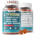 Sugar Free L-Tyrosine Gummies 300mg L-Theanine 200mg Vitamin B6 100mg & B12 500mcg, Brain Health Herbs 300mg w/Ginkgo Biloba, Rhodiola Rosea, Lion's Mane Mushroom for Sustained Focus & Energy, 1Pack
