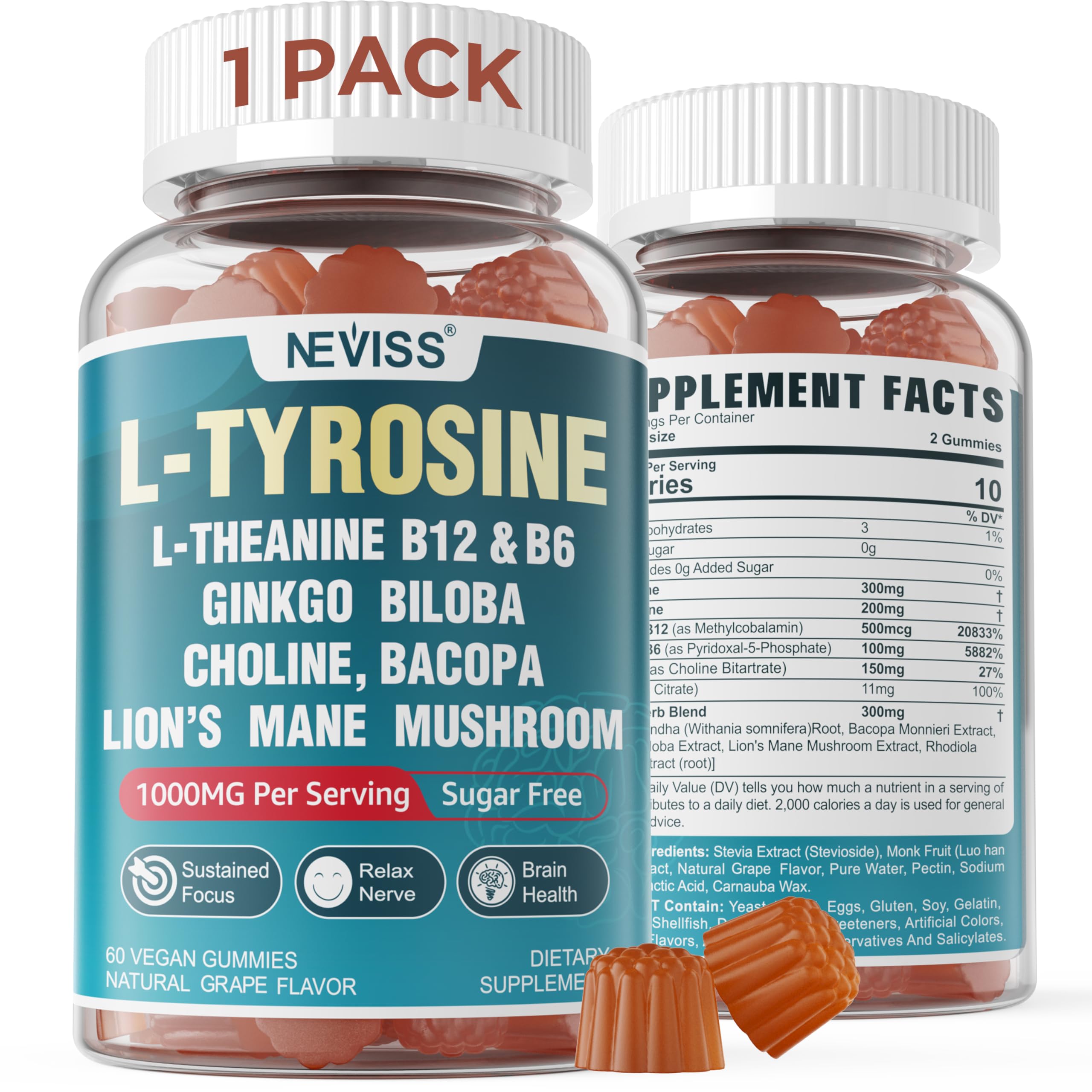 Sugar Free L-Tyrosine Gummies 300mg L-Theanine 200mg Vitamin B6 100mg & B12 500mcg, Brain Health Herbs 300mg w/Ginkgo Biloba, Rhodiola Rosea, Lion's Mane Mushroom for Sustained Focus & Energy, 1Pack