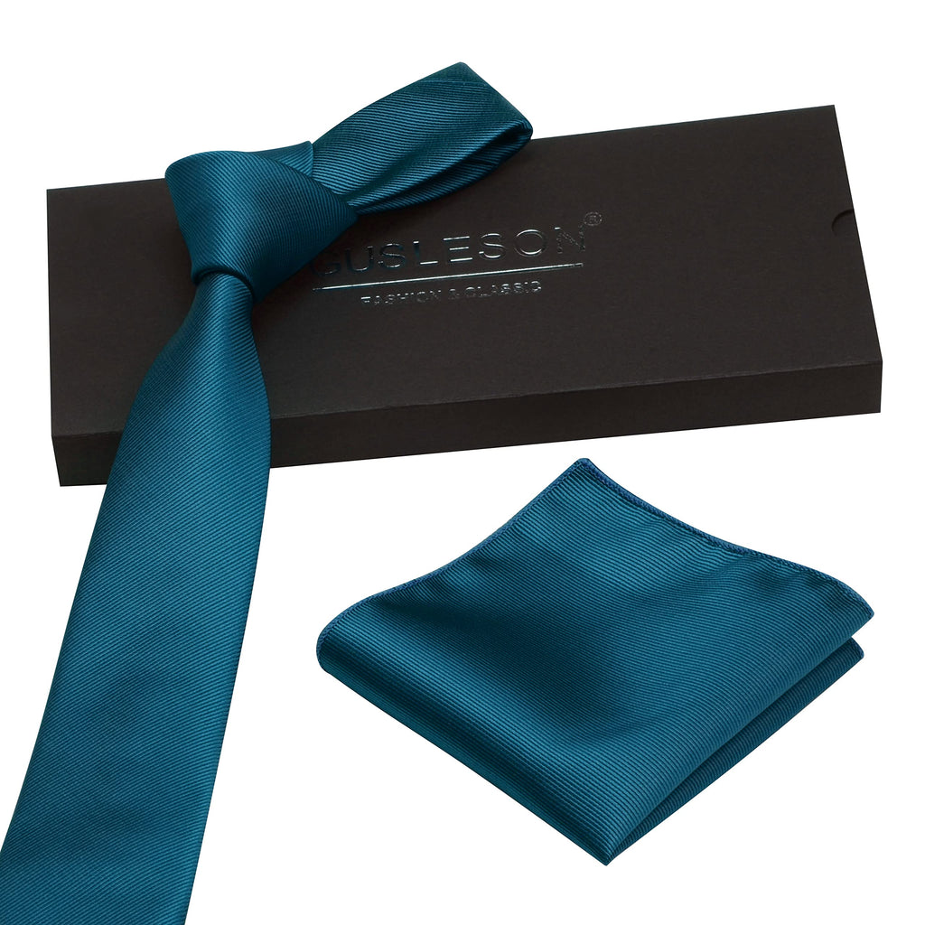 GUSLESON 2.4" Slim Necktie and Handkerchief Set For Men Solid Skinny Tie Set