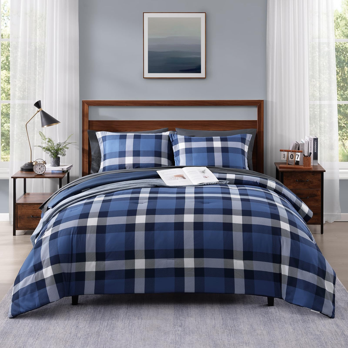 MaiRêve Queen Comforter Set, Classic Plaid Farmhouse Bedding Sets 7 Pieces, Beige All Season Bed in A Bag with Sheets, Pillowcases & Shams