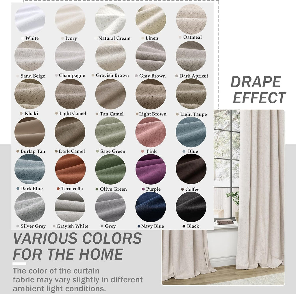 Joywell Extra Long 100% Blackout Linen Curtains 102 Inch Long 2 Panels Set for Bedroom Living Room Nursery,Back Tab Rod Pocket Room Darkening Thermal Insulated Black Out Window Drapes,Beige 52x102
